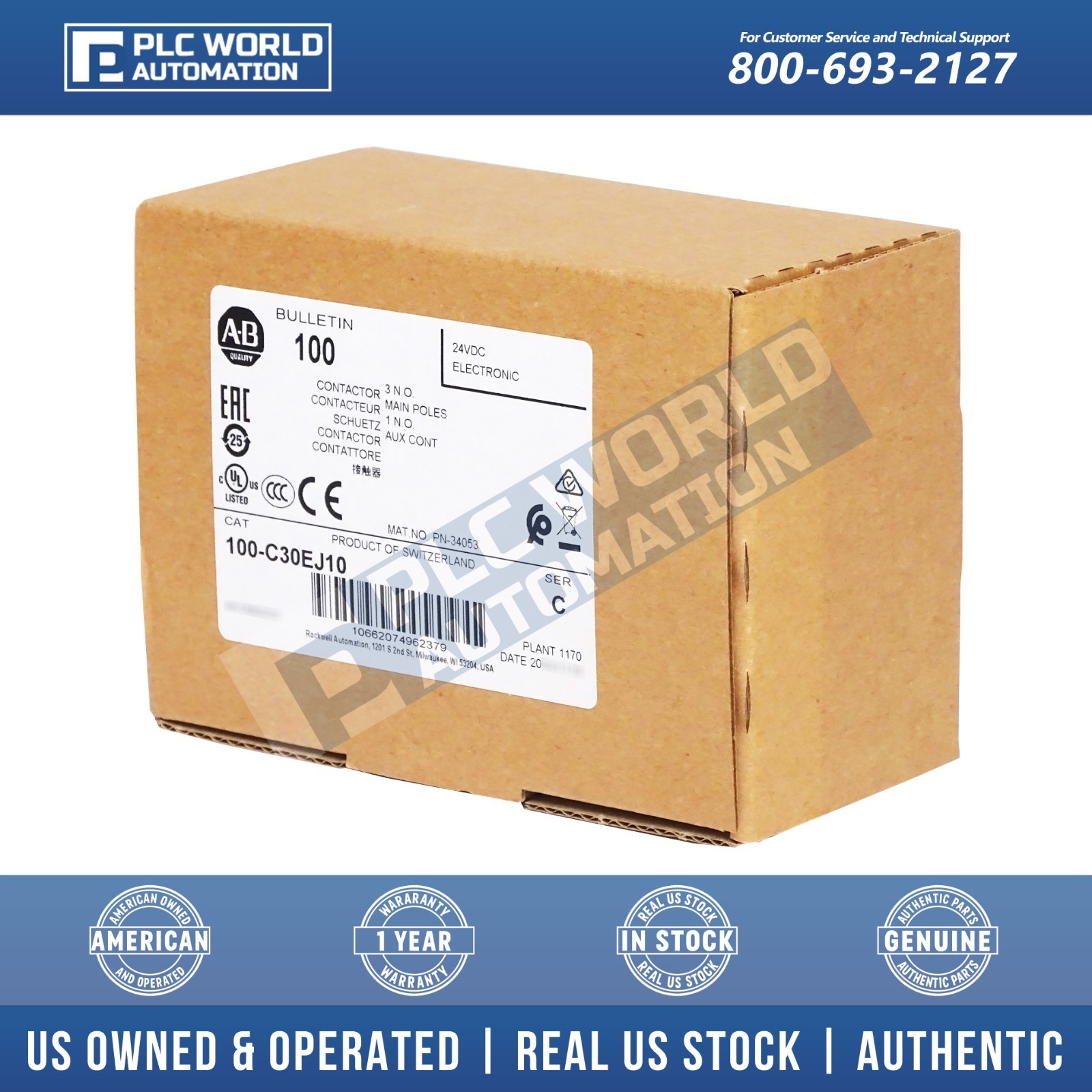 Allen Bradley 100-C30EJ10 Ser C IEC Standard Contactor, 24 VDC, 3-Pole, 30A, New