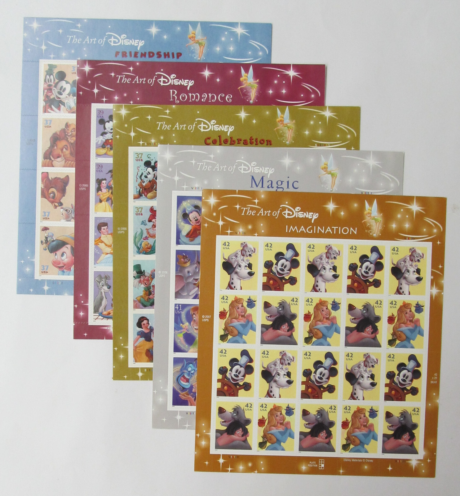 THE ART OF DISNEY Complete Set of 5 Differnt Full Sheets of 20 US Stamps 2004-08