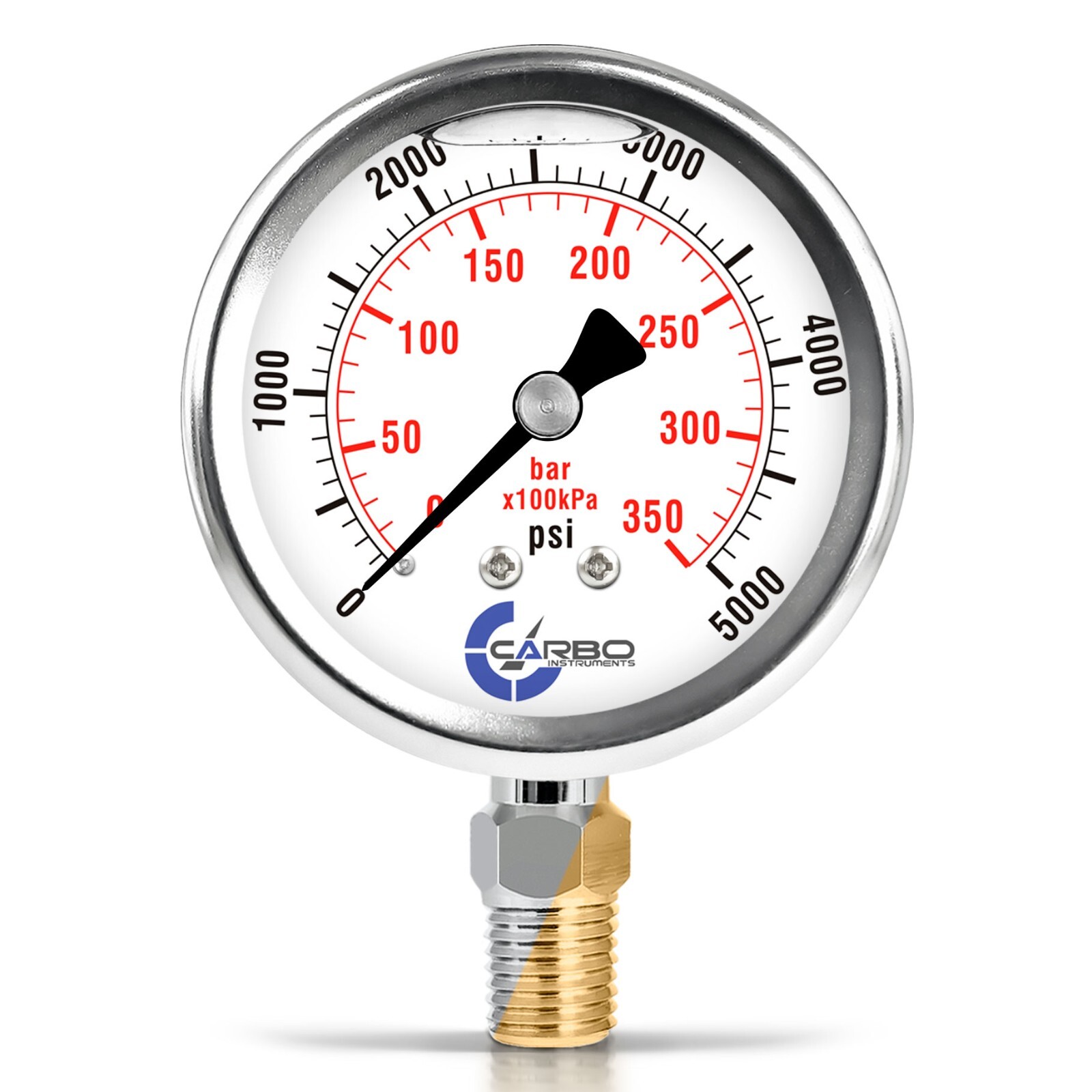 2-1/2" Pressure Gauge, Stainless Steel Case, Liquid Filled, Lower Mnt 5000 PSI
