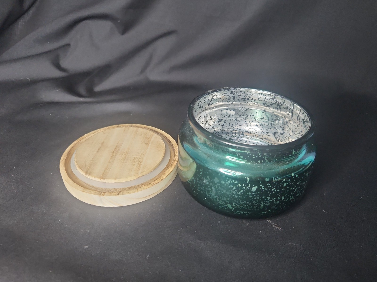 Empty Candle Jar with Wooden Lid Green "Mercury" Glass Refillable Storage