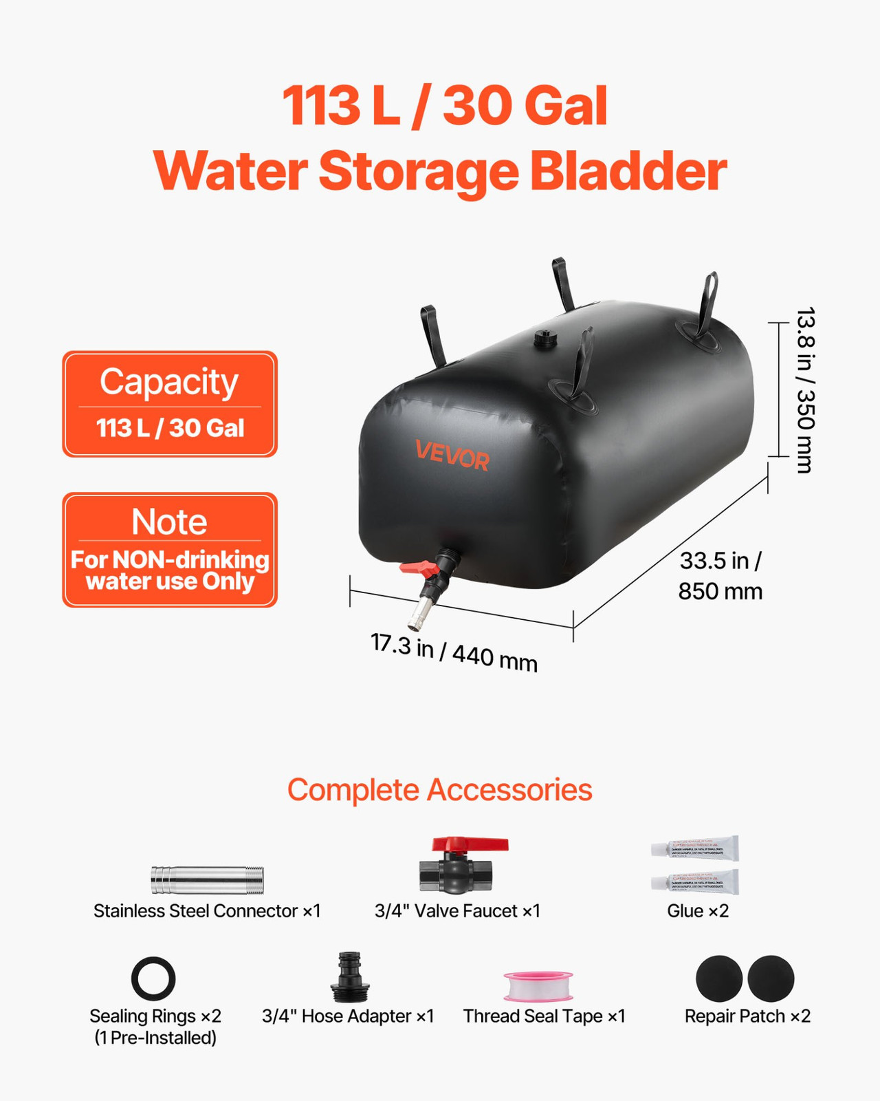 Water Storage Bladder, 30 Gal Collapsible Water Storage Bag, Black