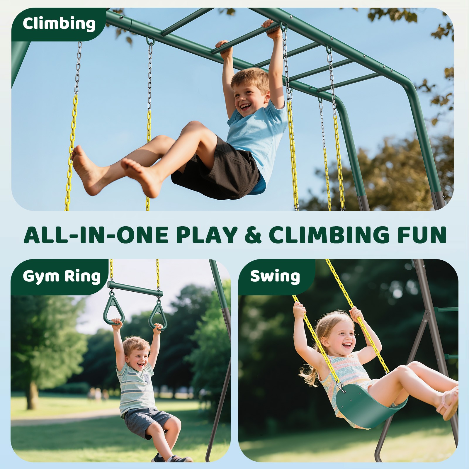 Metal Swing Sets Playground Set for Kids with 2 Belt Swings, Monkey Bars Outdoor