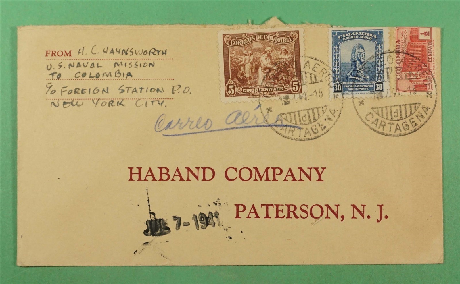 DR WHO 1941 COLOMBIA CARTAGENA US NAVAL MISSION TO USA AIRMAIL R17704