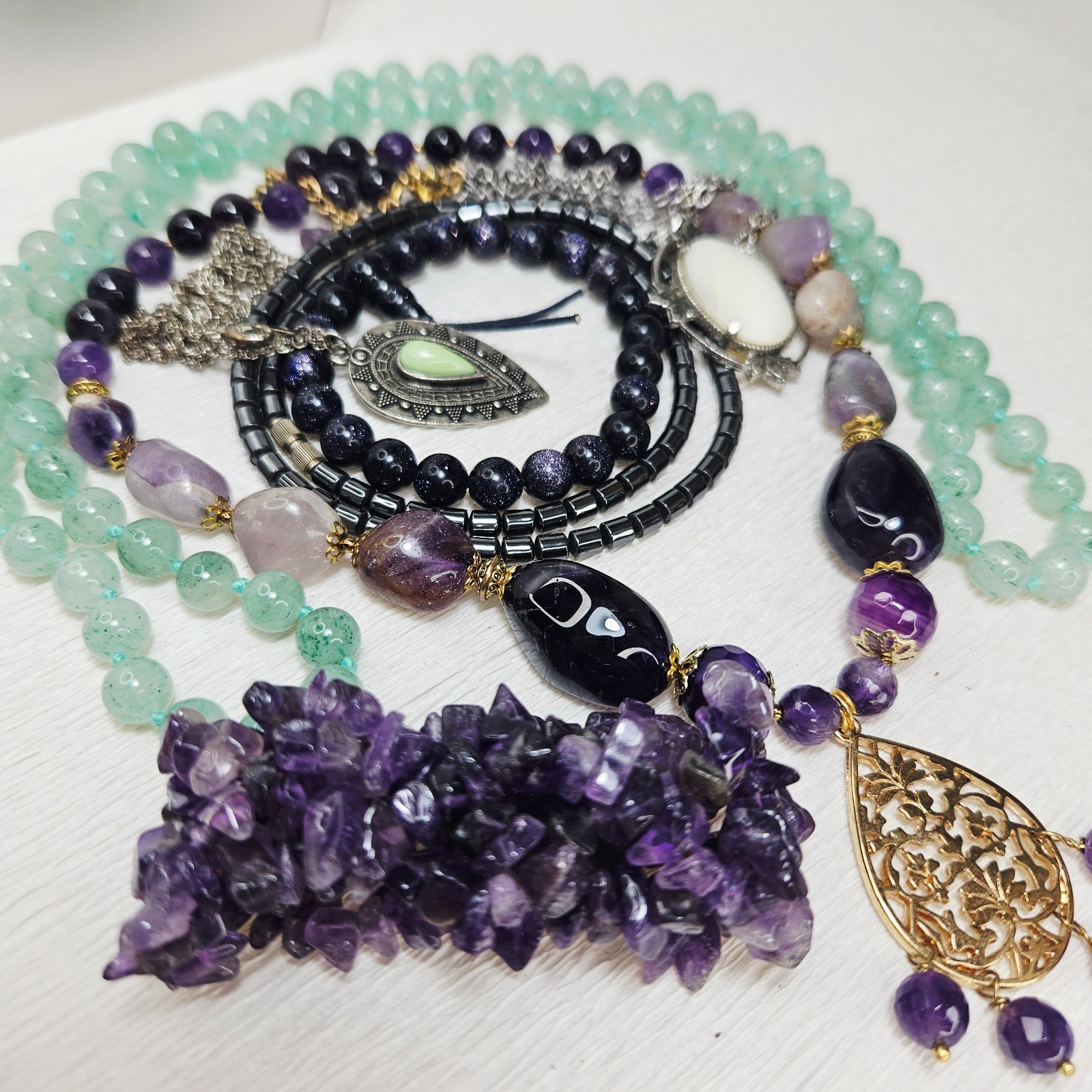 5 Gemstone Necklaces 2 Bracelets Amethyst Adventurine Hematite Blue Goldstone