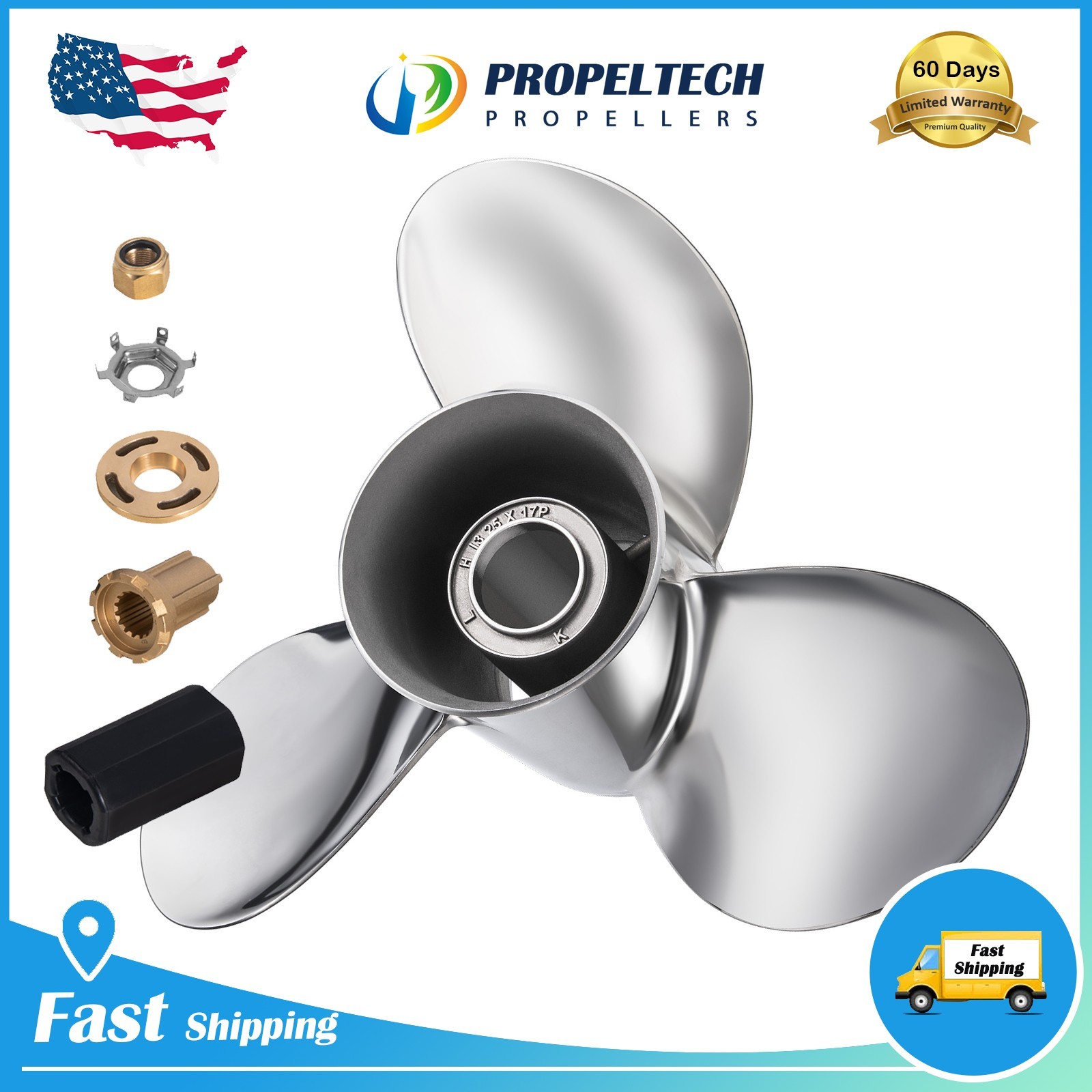 13 1/4 X 17 Stainless Outboard Propeller 13.25X17 For Mercury 40-140HP 15 Spline