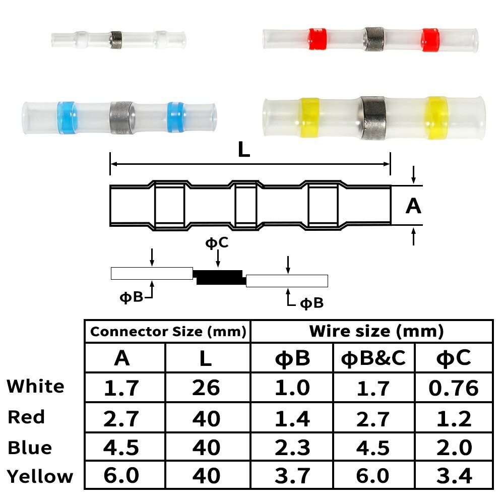 1000X Solder Seal Wire Connectors Butt Terminal Insulated Electrical Wire Splice
