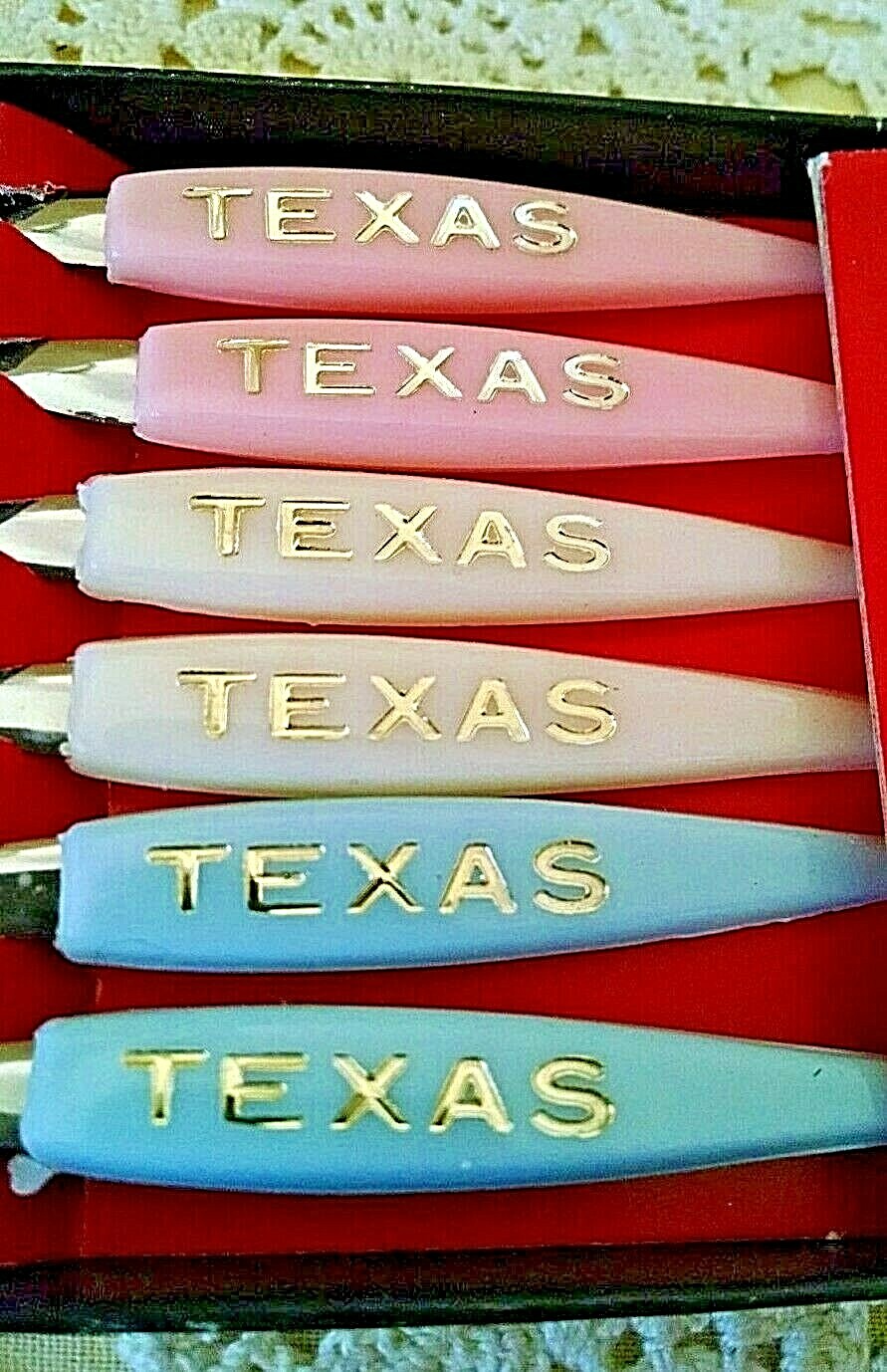 TEXAS COCKTAIL FORKS SET 6 VINTAGE JAPAN STAINLESS STEEL PLASTIC HANDLE ORG BOX.