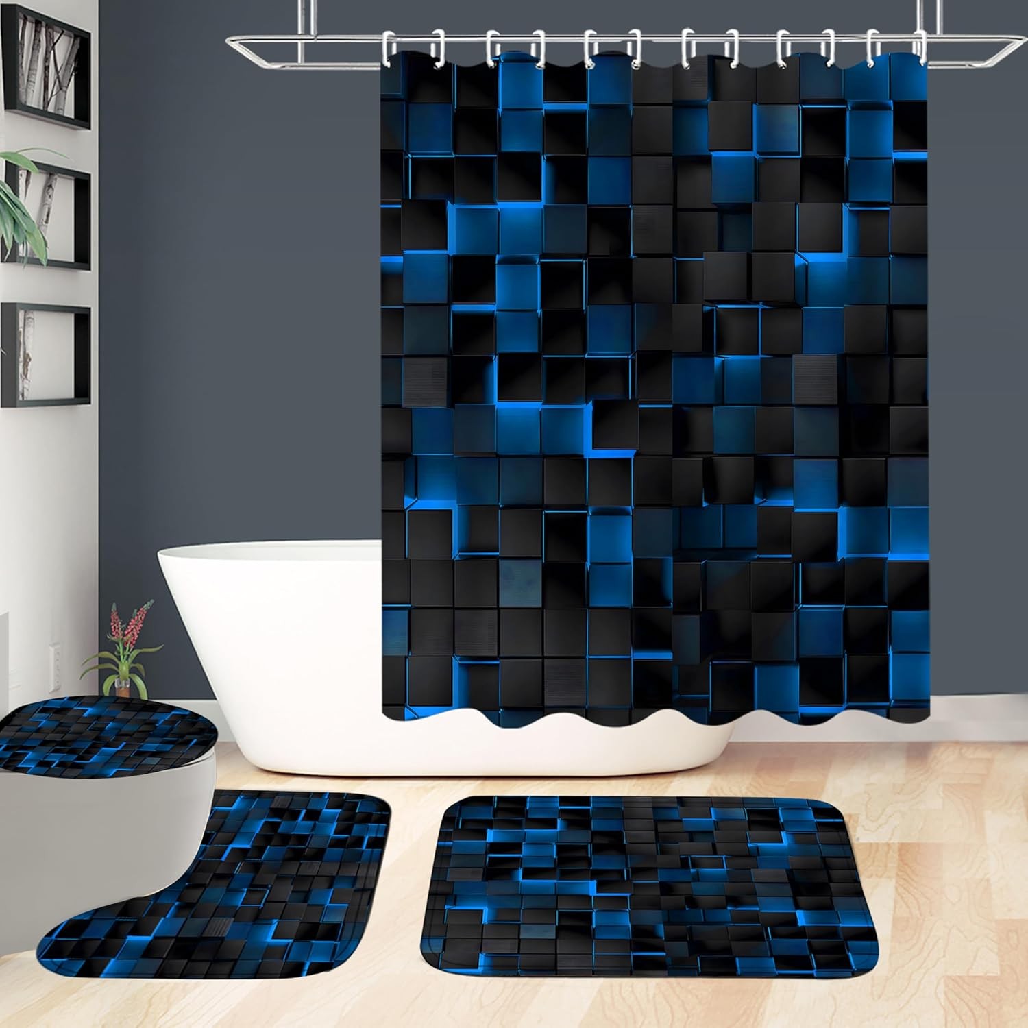 Shower Curtain Set Blue 3D Cubes - Bathroom Sets
