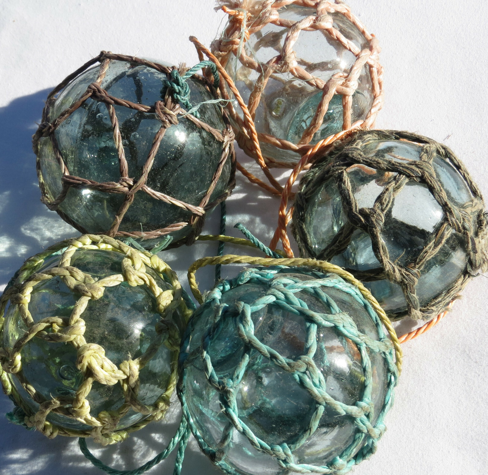 Japanese Glass Fishing FLOATS 3-3.5" Netted (5) FIVE Variable Nets Buoy Vintage