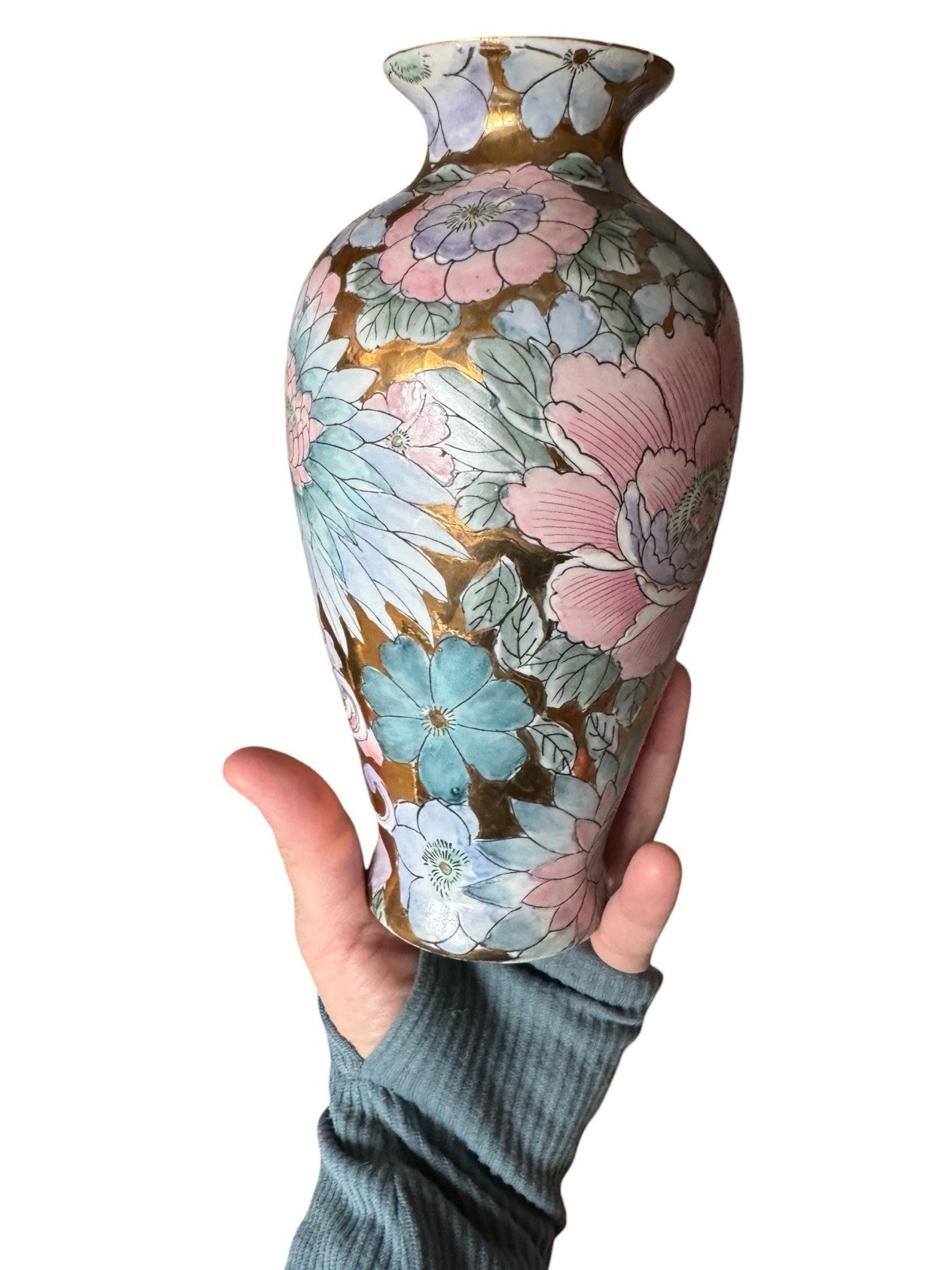 Vintage 8” Vase Chinoiserie Golden Peony Pastel Pink Purple Blue Toyo Macau 1970