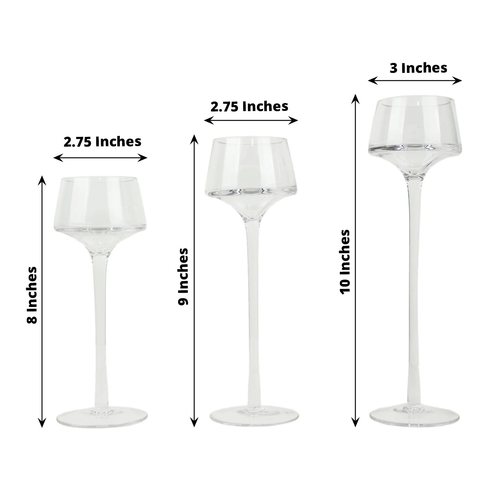 3 CLEAR Long Stem Crystal Glass CANDLE HOLDERS Vases Centerpieces Party Events
