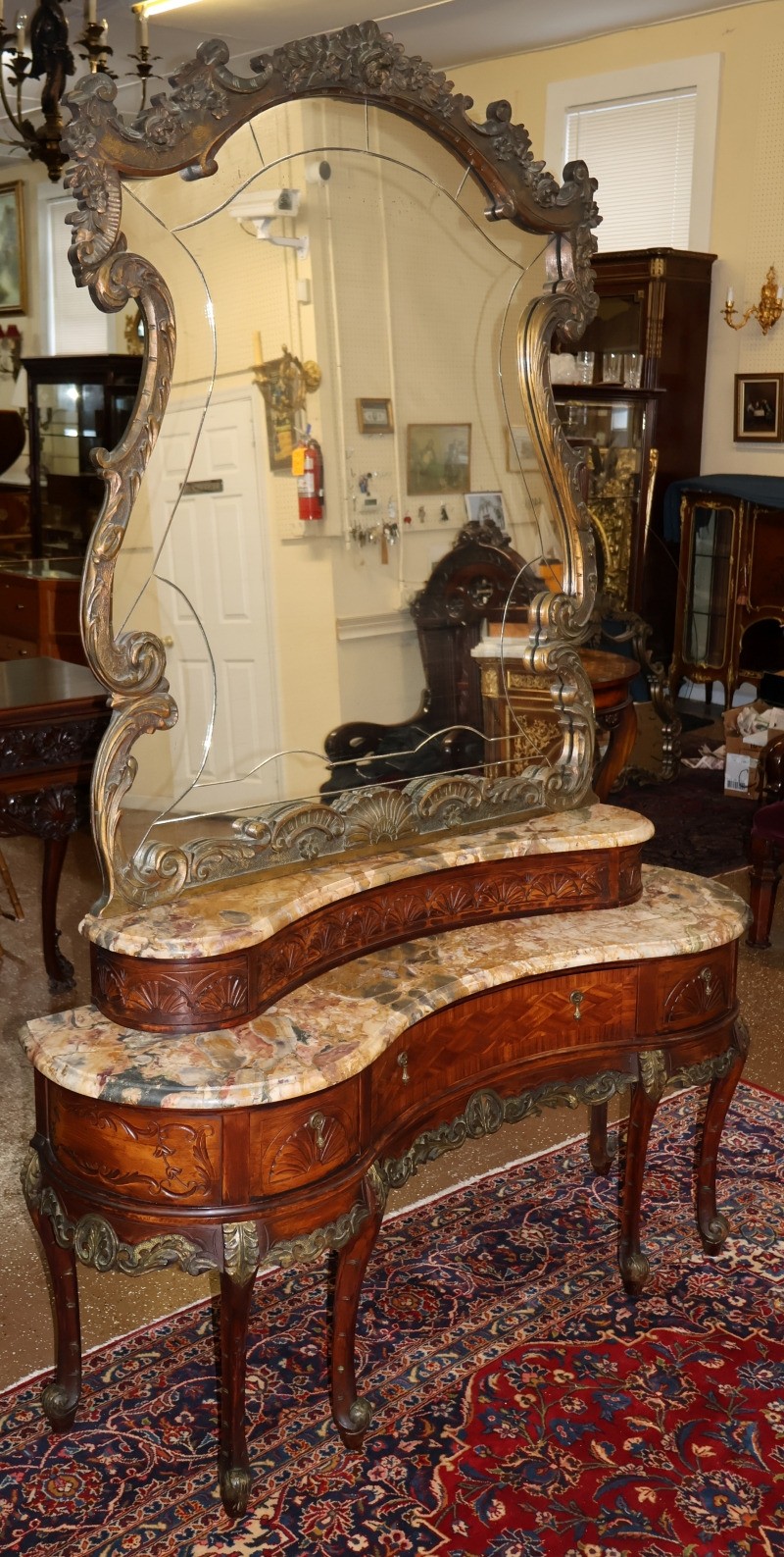 French Louis XV Style Inlaid Walnut Marble Top Etched Mirror Vanity Circa 1920's