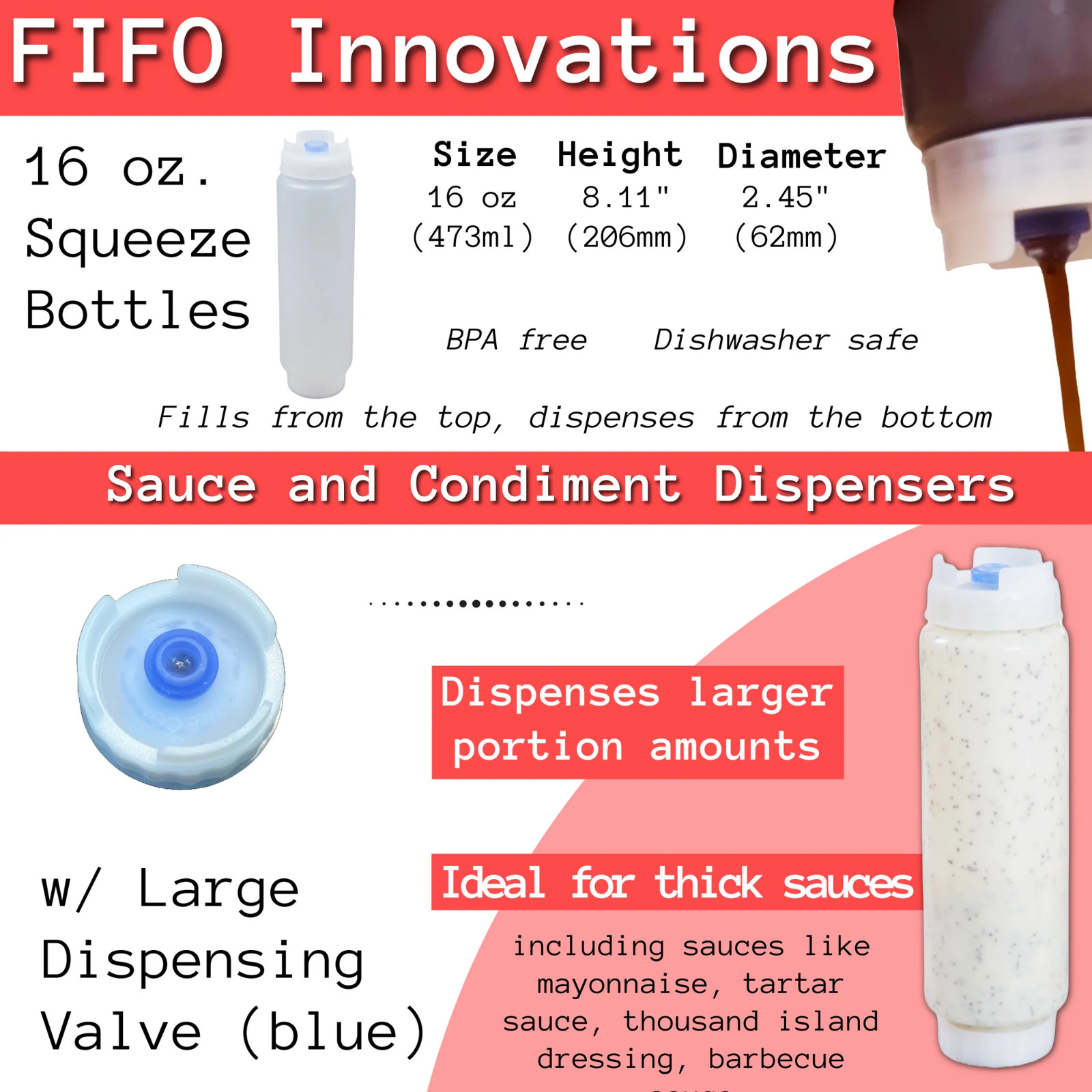 FIFO 16 oz. Condiment Squeeze Bottles w/ Large Dispensing Valve, 2 Count