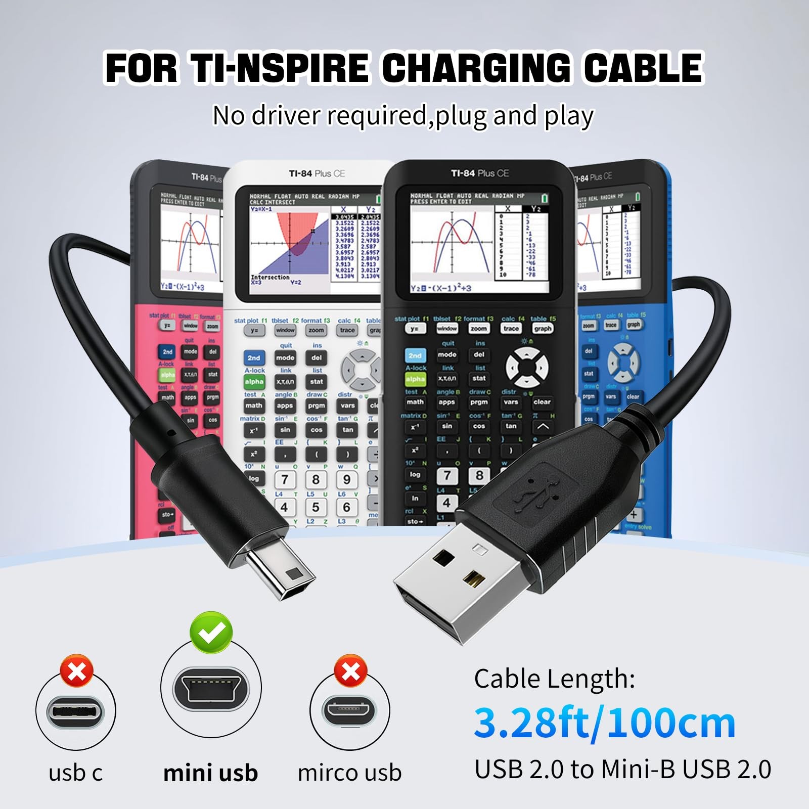 Ti-84 Plus ce Charger, ti84 Charger Cable for Texas Instruments Black