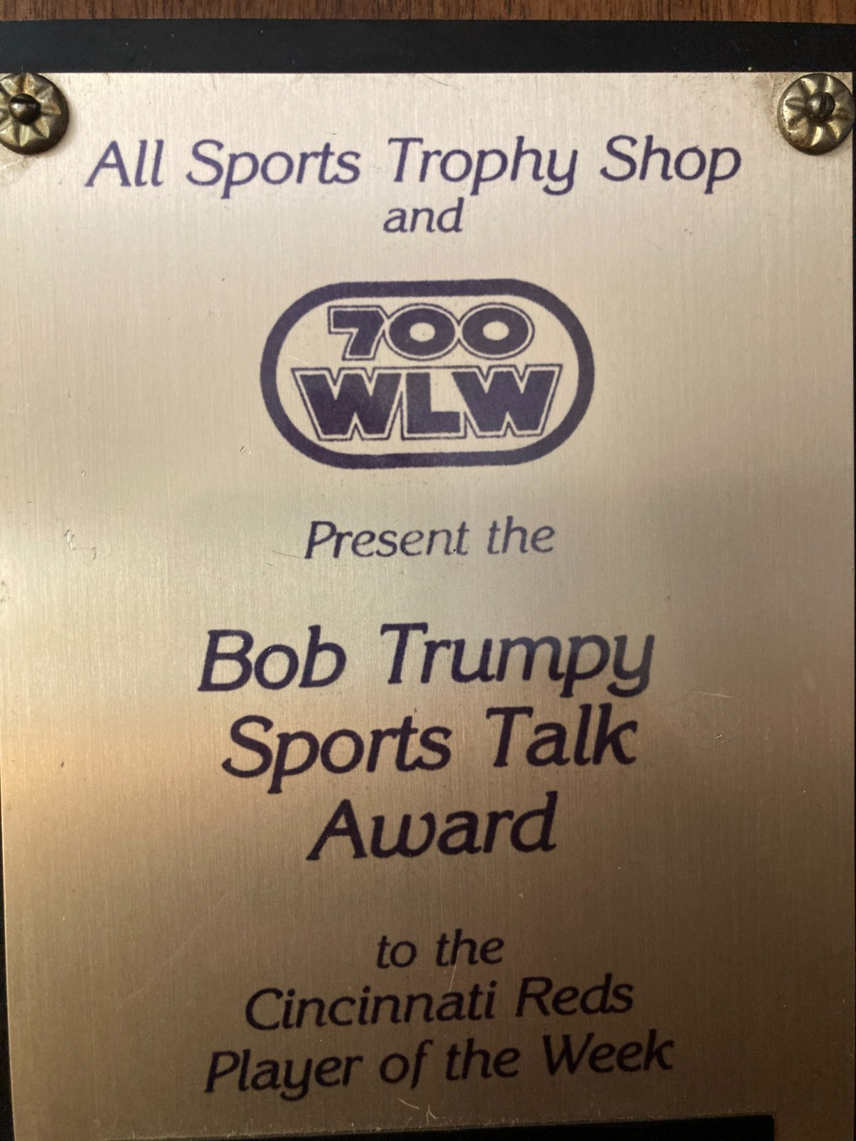 DAVE PARKER 700 WLW Bob Trumpy Player of the Week 1984 Personal Award Plaque HOF