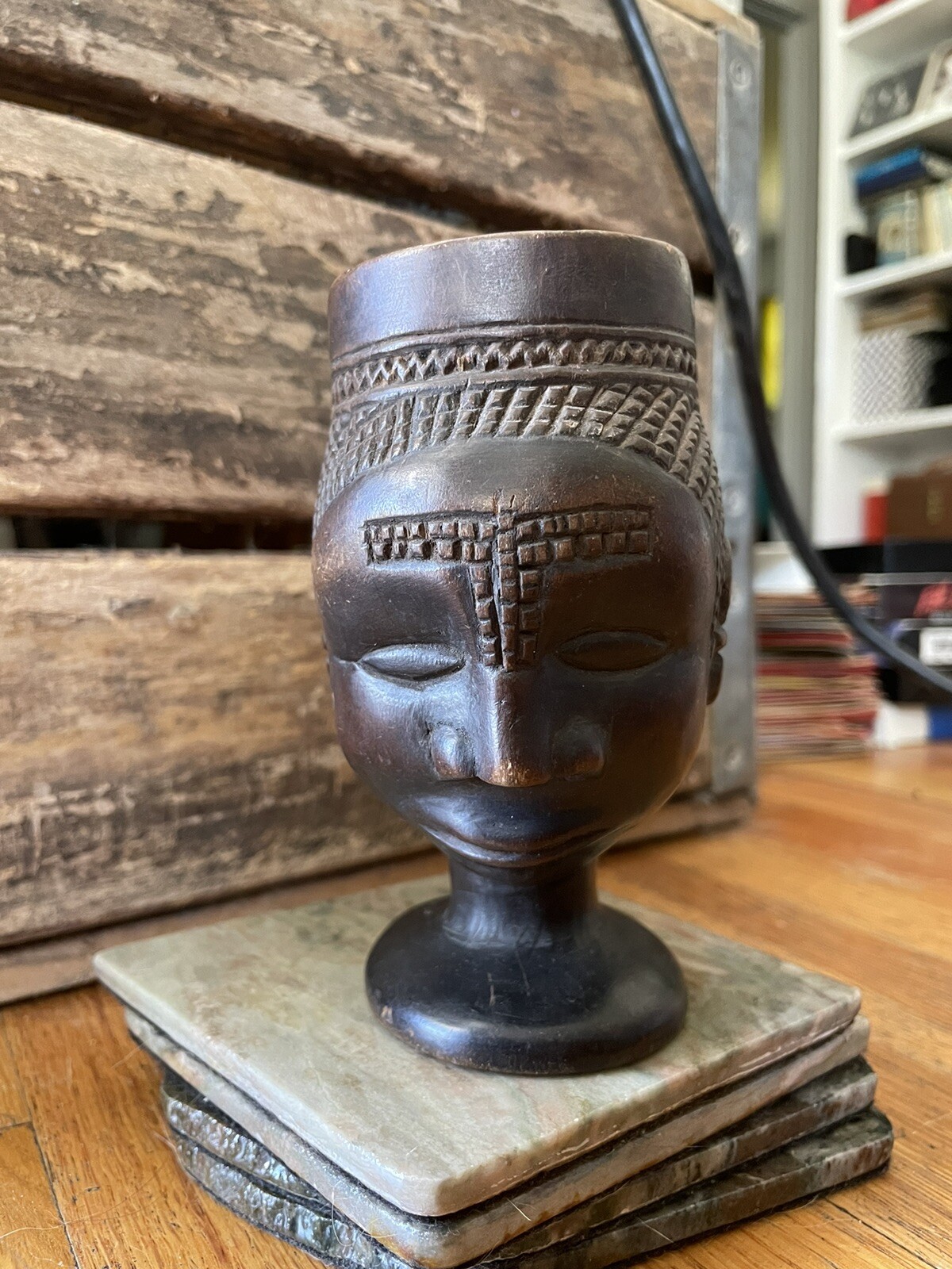 Vintage / Antique African Kuba Cup Wood Carved Palm Wine DRC Ceremonial Signed!