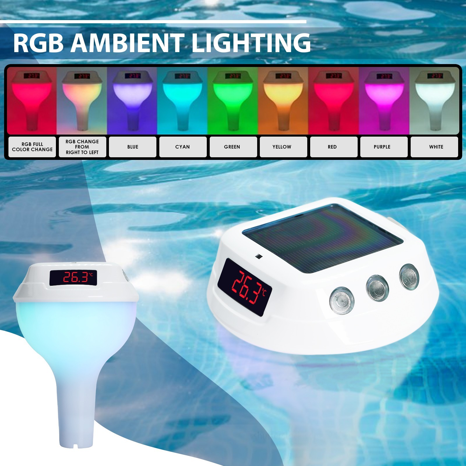 ILTH-517 Wireless Solar Pool Thermometer RGB Lights IP68 Floating Gauge for Pool