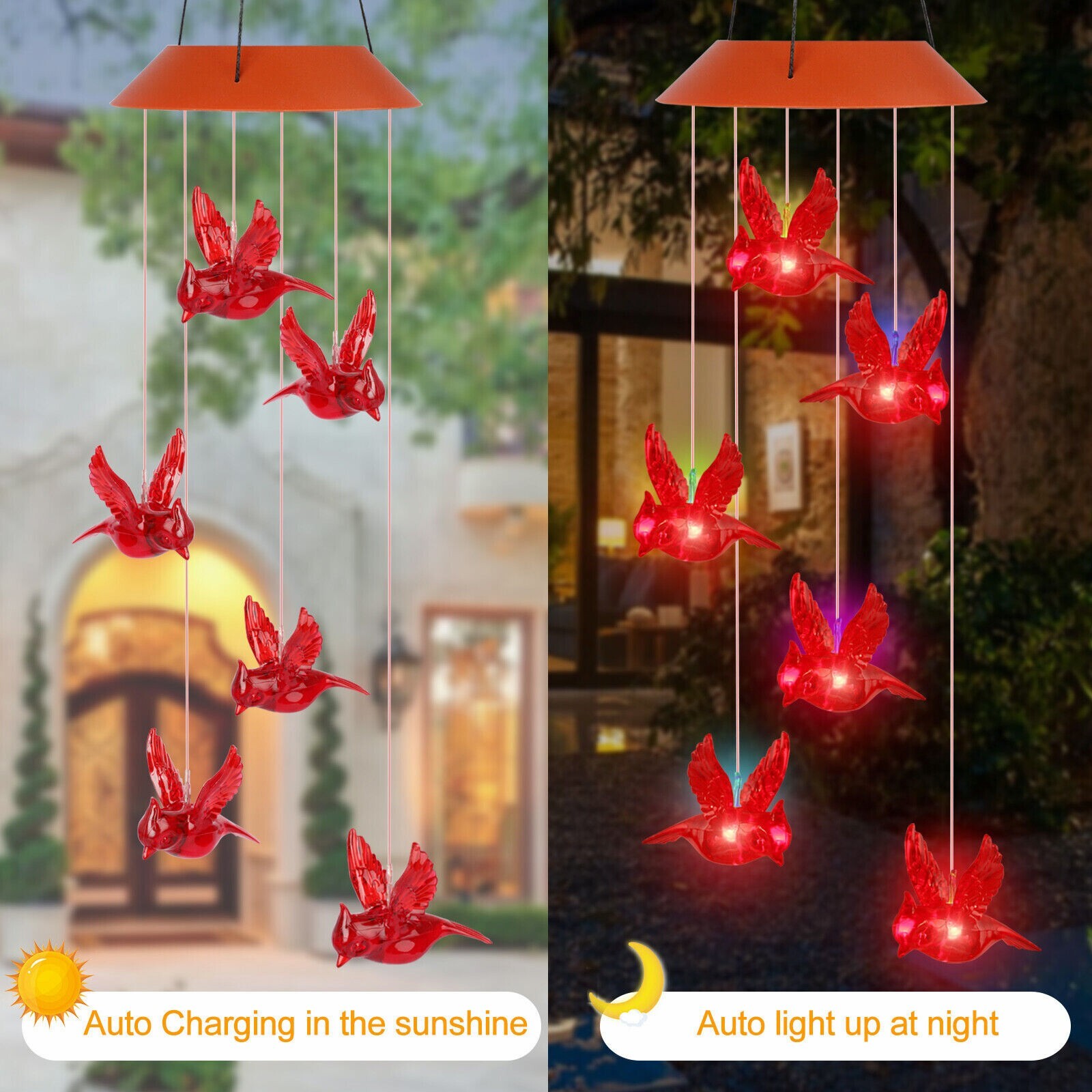 Solar Wind Chimes Lights LED Birds Color Changing Yard Hanging Cardinal Lamp US