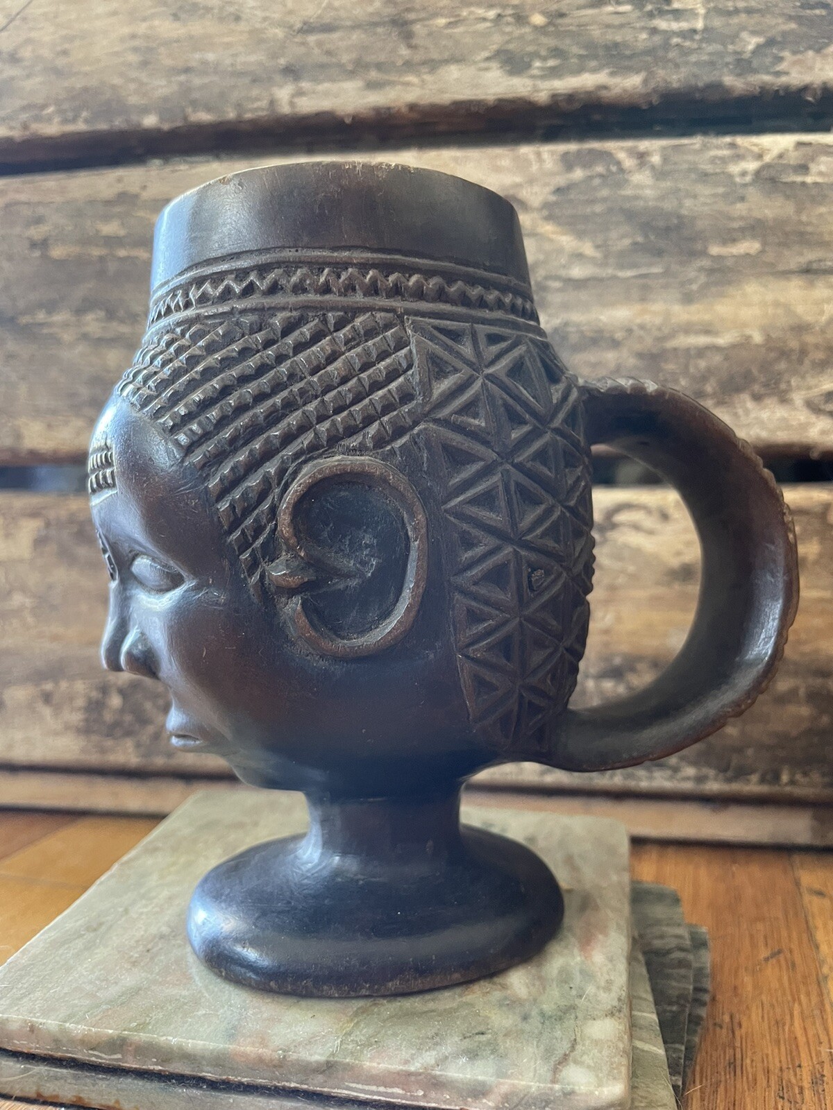 Vintage / Antique African Kuba Cup Wood Carved Palm Wine DRC Ceremonial Signed!