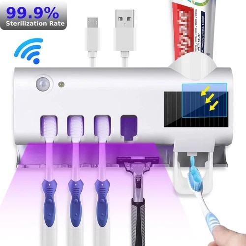 UV Light Toothbrush Sterilizer Holder & Automatic Toothpaste Dispenser Cleaner