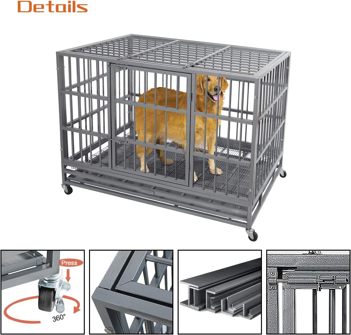 48 Inch Heavy Duty Indestructible Dog Crate Cage Kennel with Wheels,High Anxiety