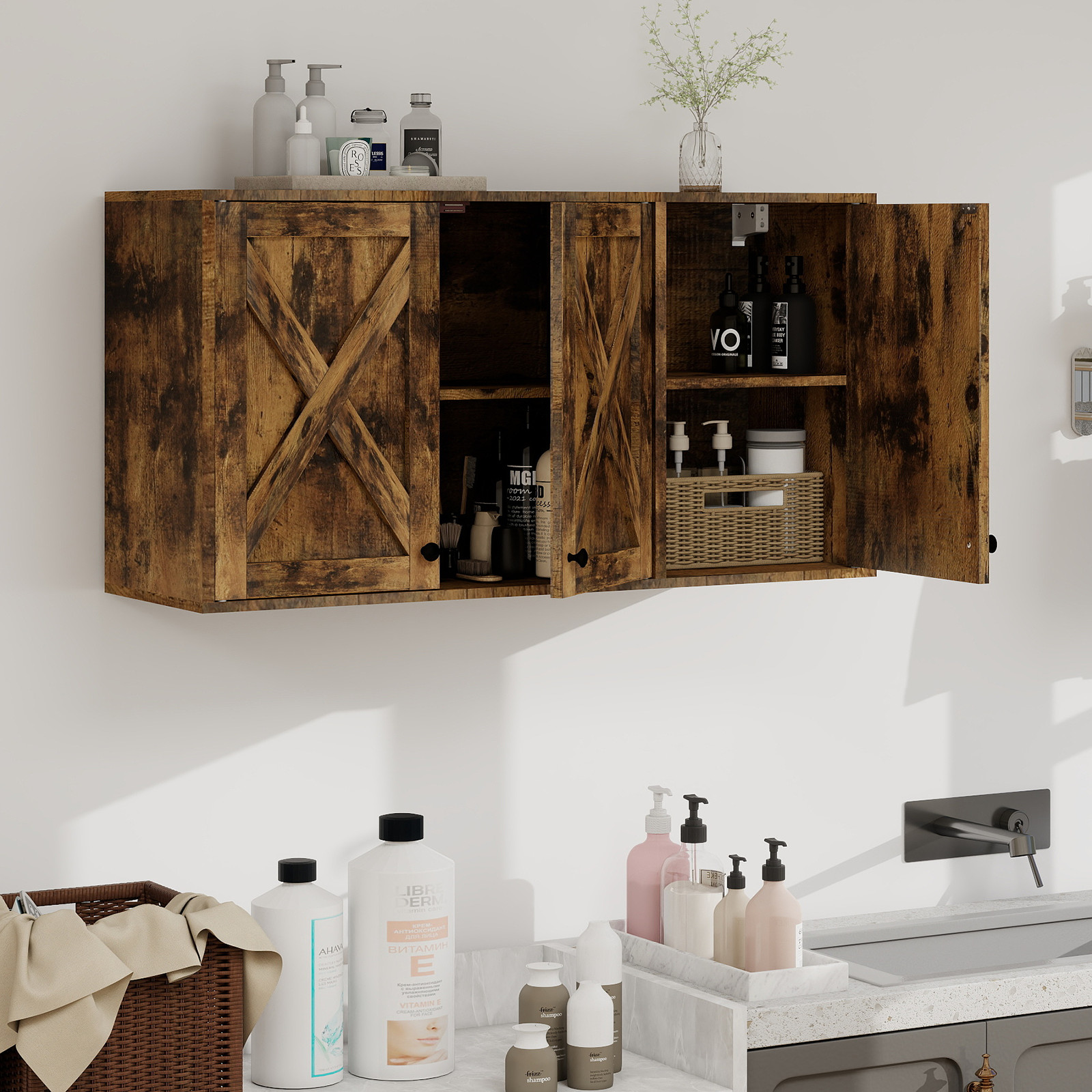 36" 3-Door Wall Cabinet – Storage Organizer for Bathroom, Laundry Room, Kitchen