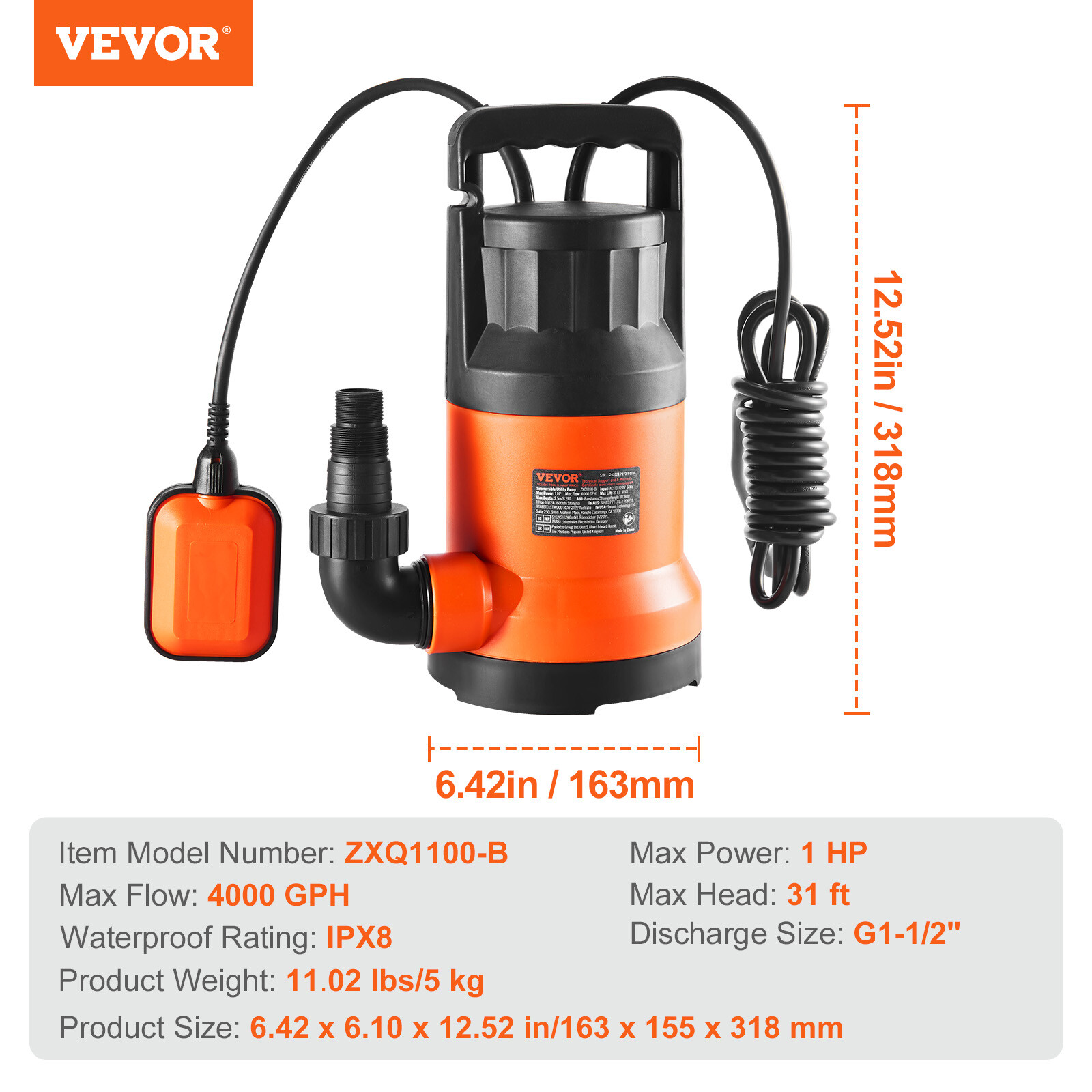 VEVOR Submersible Utility Pump Sump Pump 1 HP 4000 GPH 31 ft Head Water Pump