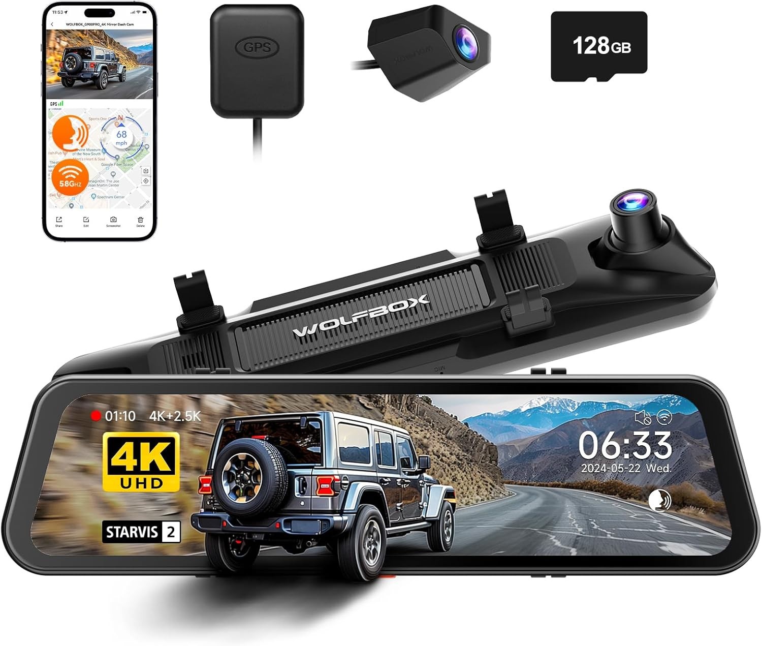 WOLFBOX G900PRO 5.8GHz WiFi Mirror Dash Cam with STARVIS 2 IMX678, Voice Control