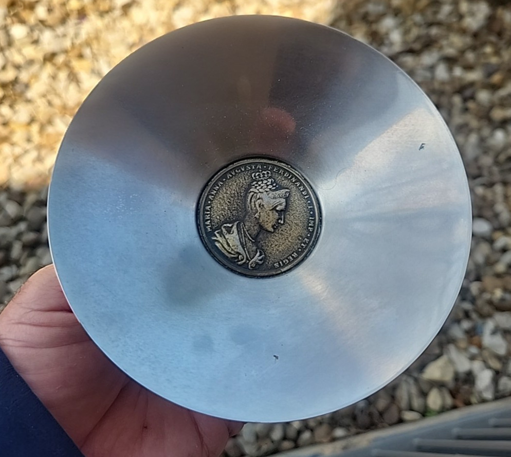 Empress Maria Italian Stainless and Bronze Coin Bowl by Arthur Salm 1960's