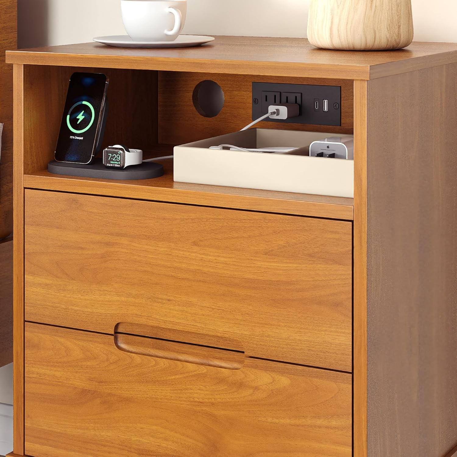A set (2 pieces) of Mid-Century Modern nightstands with charging function