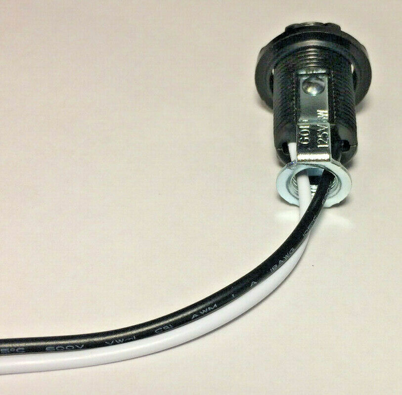 Phenolic E12 Candelabra Lamp Socket w/ External Threads, Ring, Hickey, 12" Leads