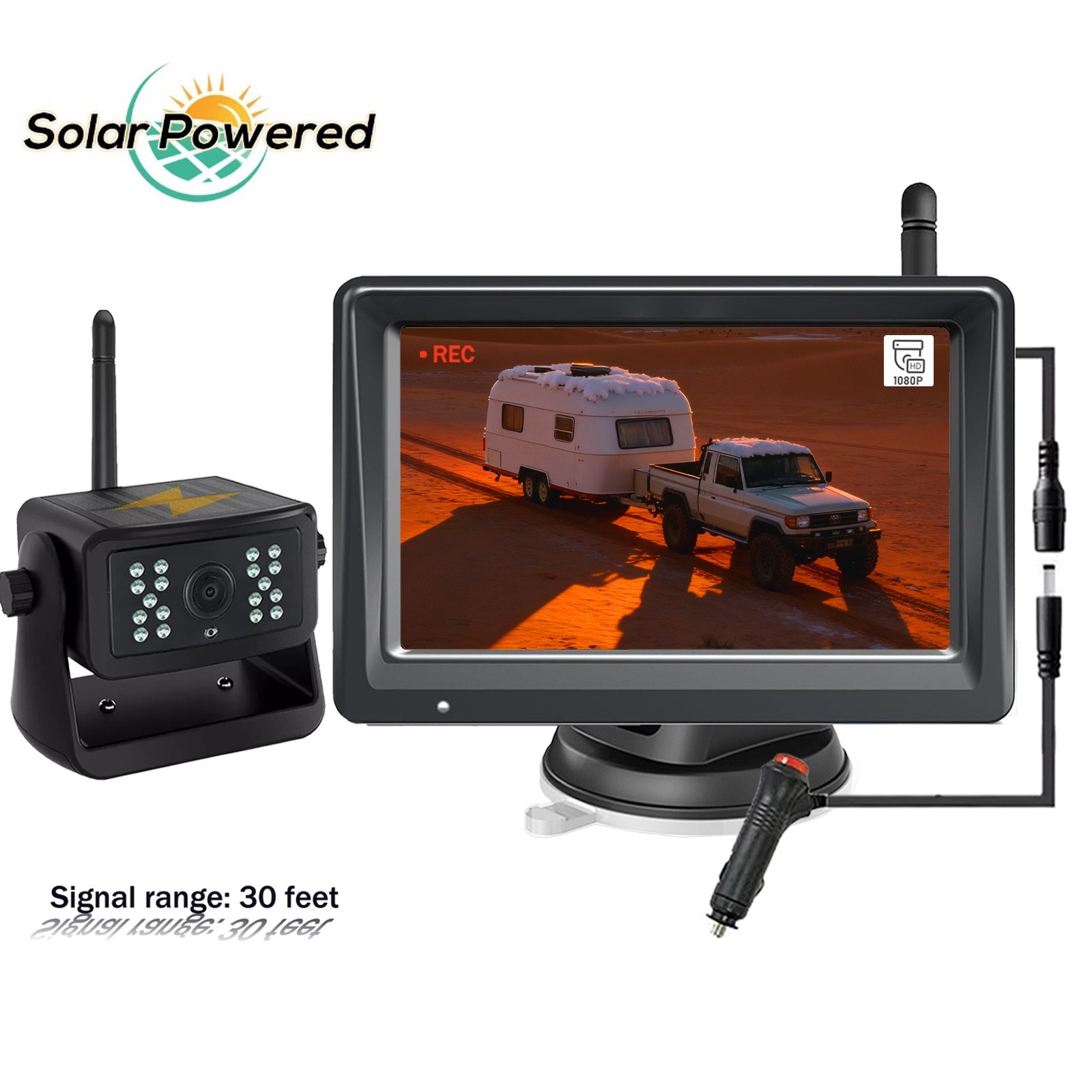 Magnetic Solar Wireless 1080P Backup Camera 5'' DVR Monitor For RV Trailer SUV