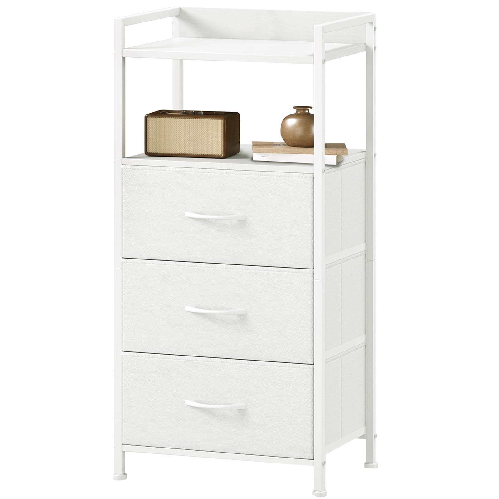 3-Drawer Nightstand with Fabric Bins, Wood Top  Steel Frame, White