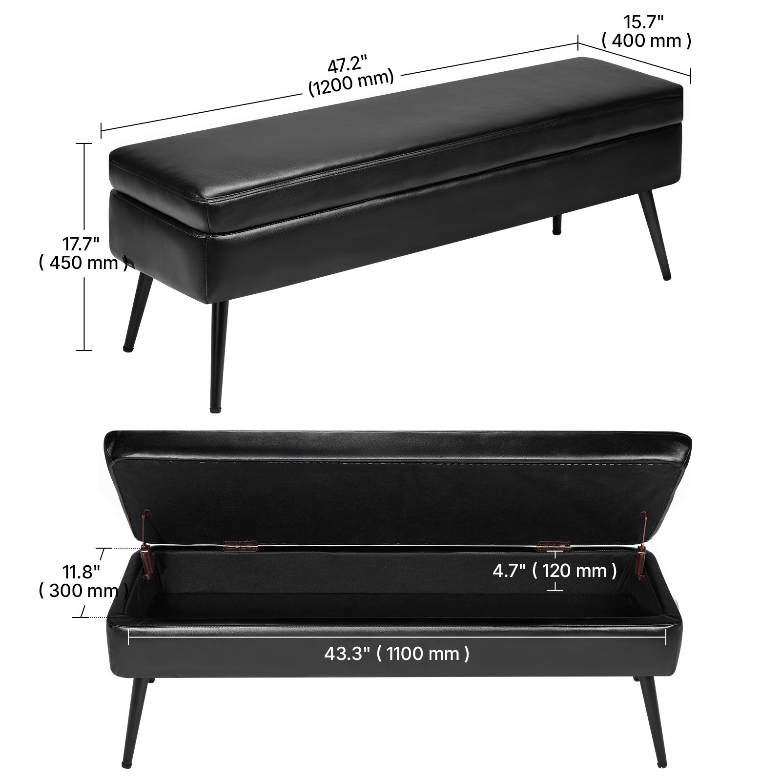 Uimoso PU Leather Storage Ottoman Bench Shoe Seat with Storage & Metal Leg Black