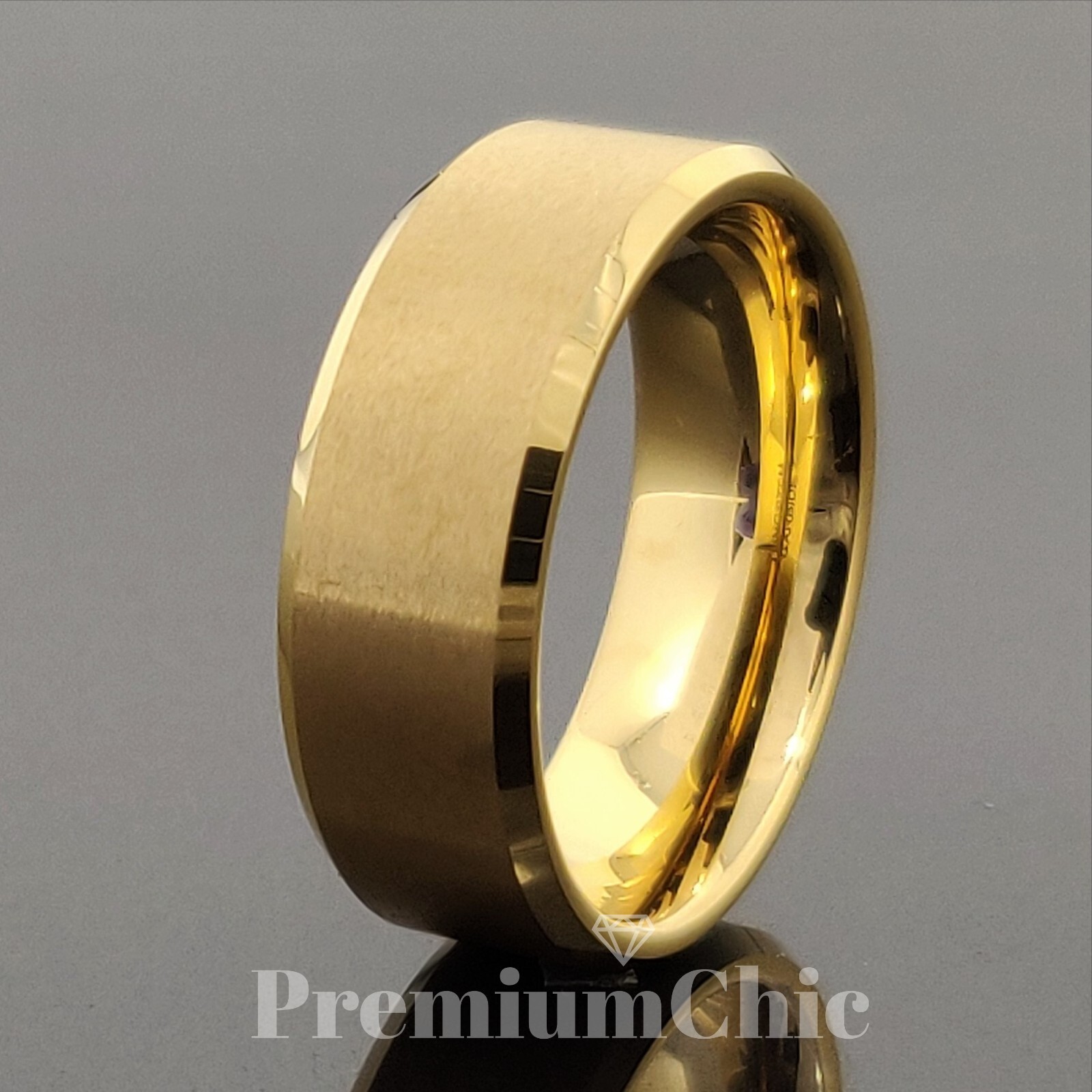 24k Gold Plated Tungsten Carbide Men's Wedding Band Ring Brushed Beveled Edge