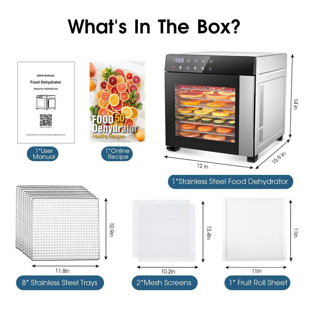 8-Tray Black Food Dehydrator with Stainless Steel Trays