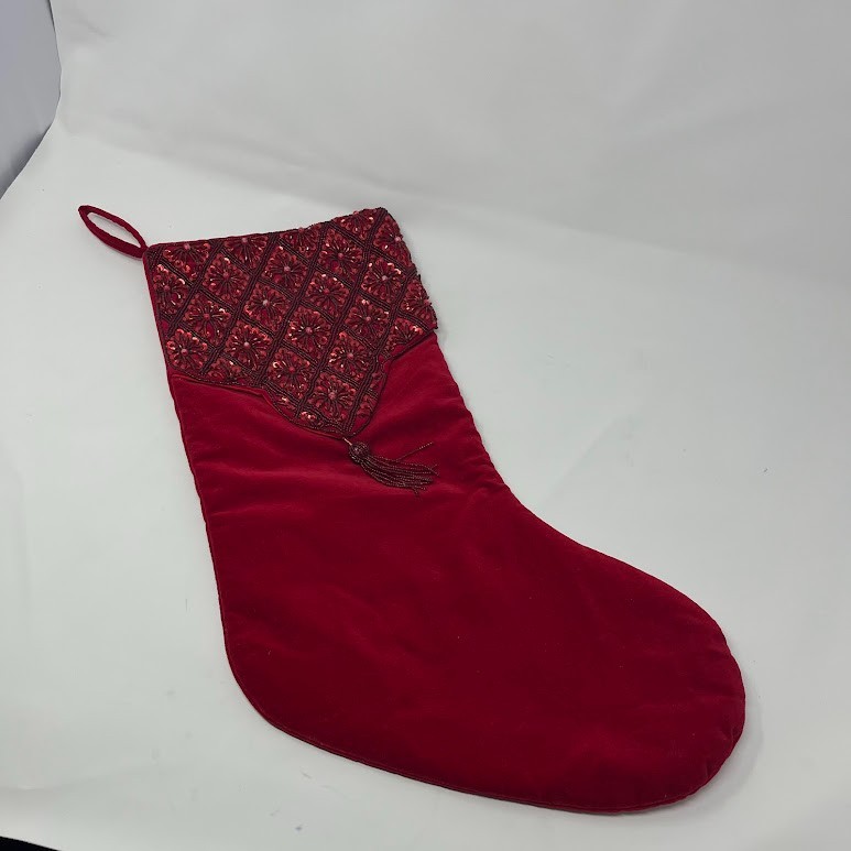 Vintage Red Christmas Stocking Embroidered Cuff Tassel Holiday Decor