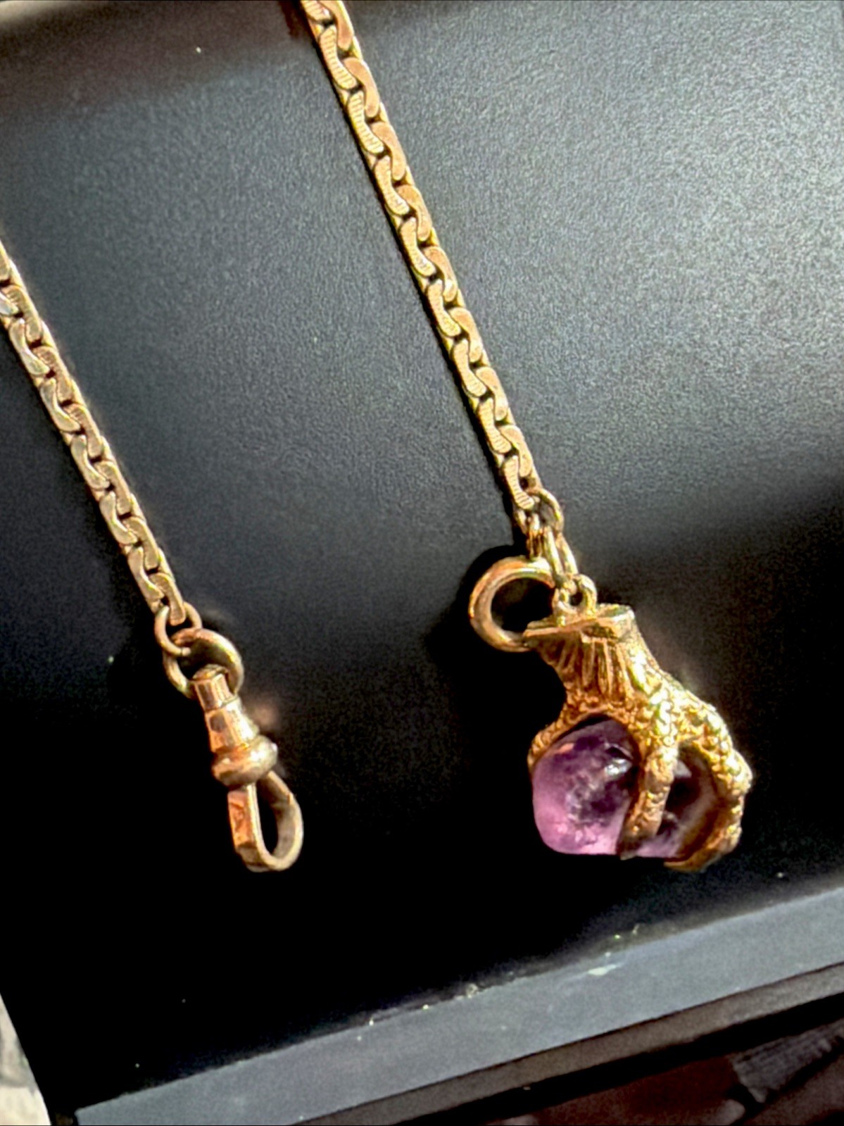 Vintage 9ct Solid Gold Amethyst Dragon Claw Fob Pendant SP Gold Filled 14” Chain