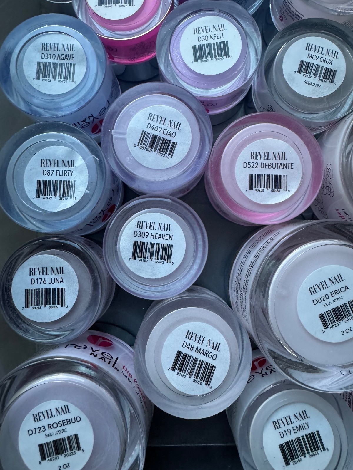 Revel Nail Dip Powders Over 70 .5 Assorted Jars Mostly Full.
