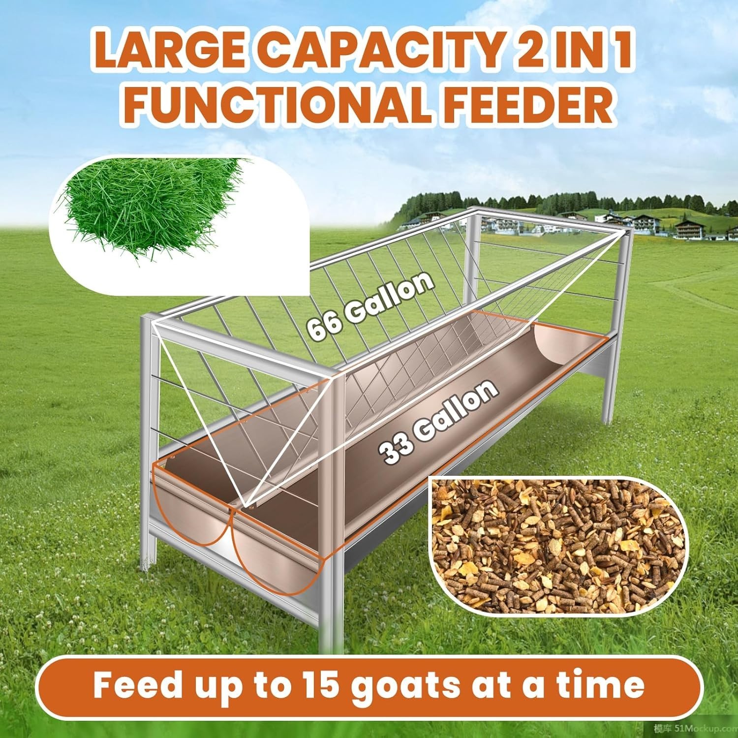 99 Gal Goat Hay Feeder 2 in 1 Stainless Steel Livestock Feed Trough with Tray