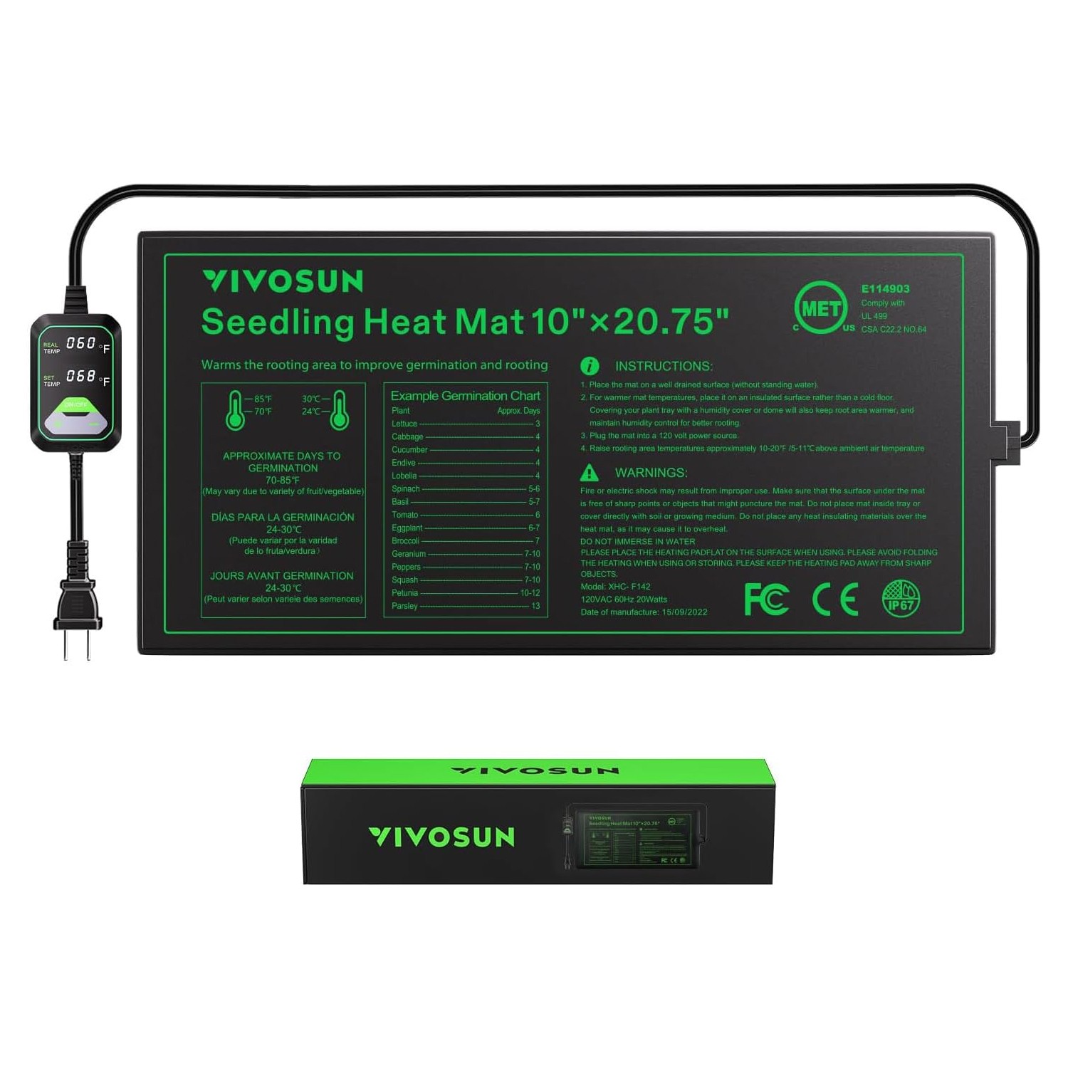 VIVOSUN 10"x20.75"Seedling Heat Mat w/Built-in Temperature Controller,Waterproof