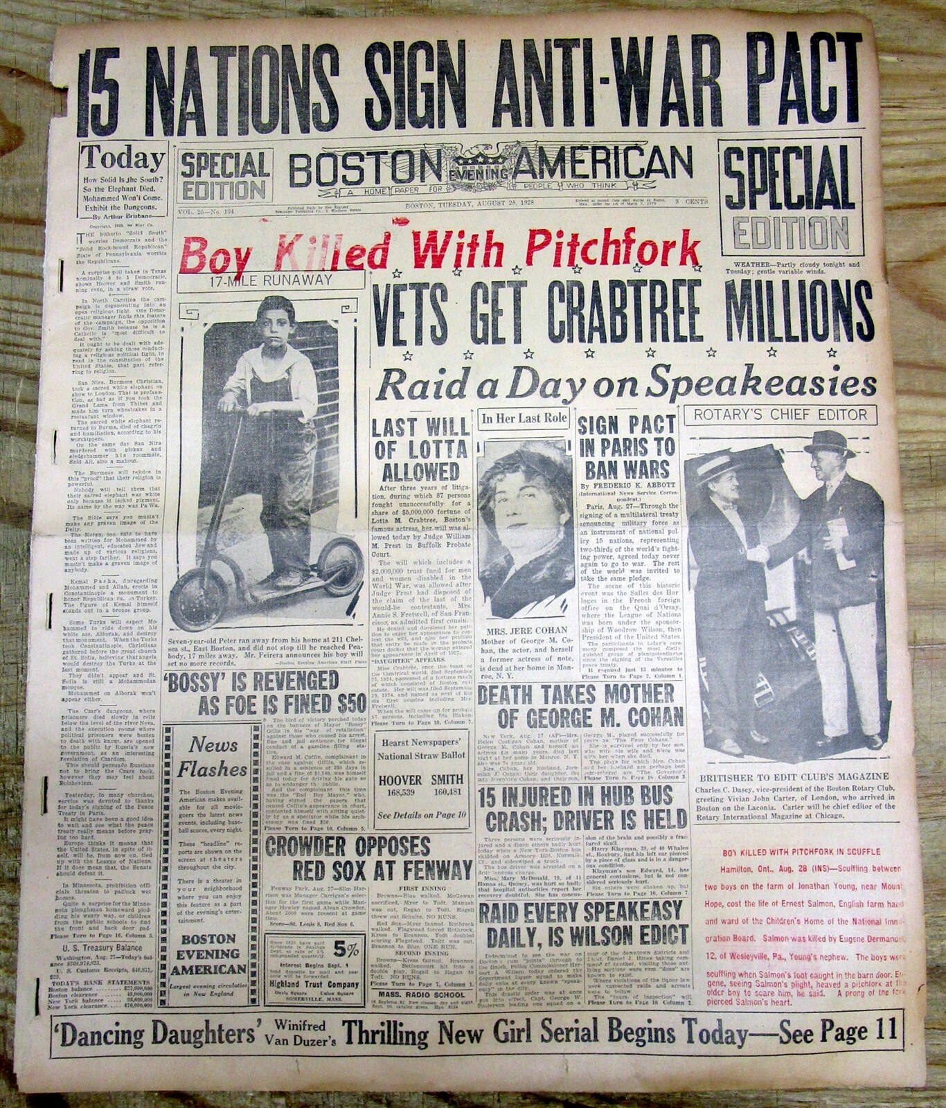 1928 newspaper WAR IS OUTLAWED BETWEEN NATIONS by THE KELLOGG-BRIAND PEACE PACT