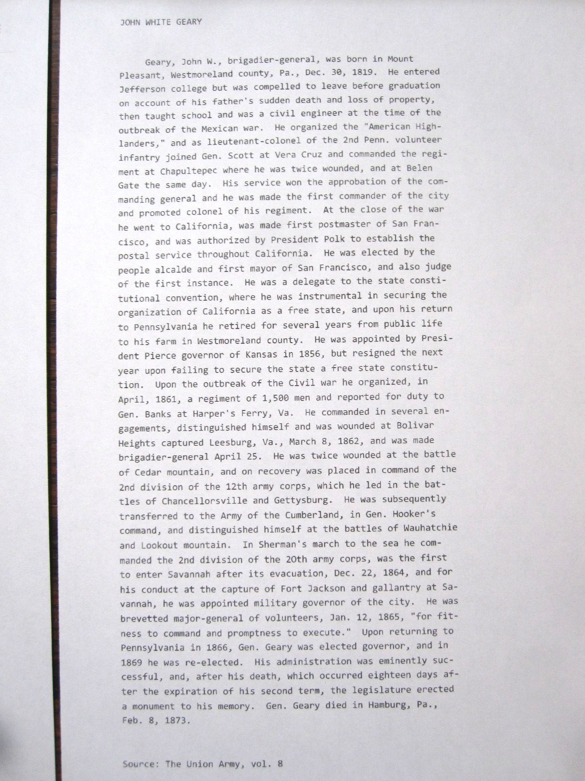 CDV - Civil War Gen. John White Geary of PA - Portrait