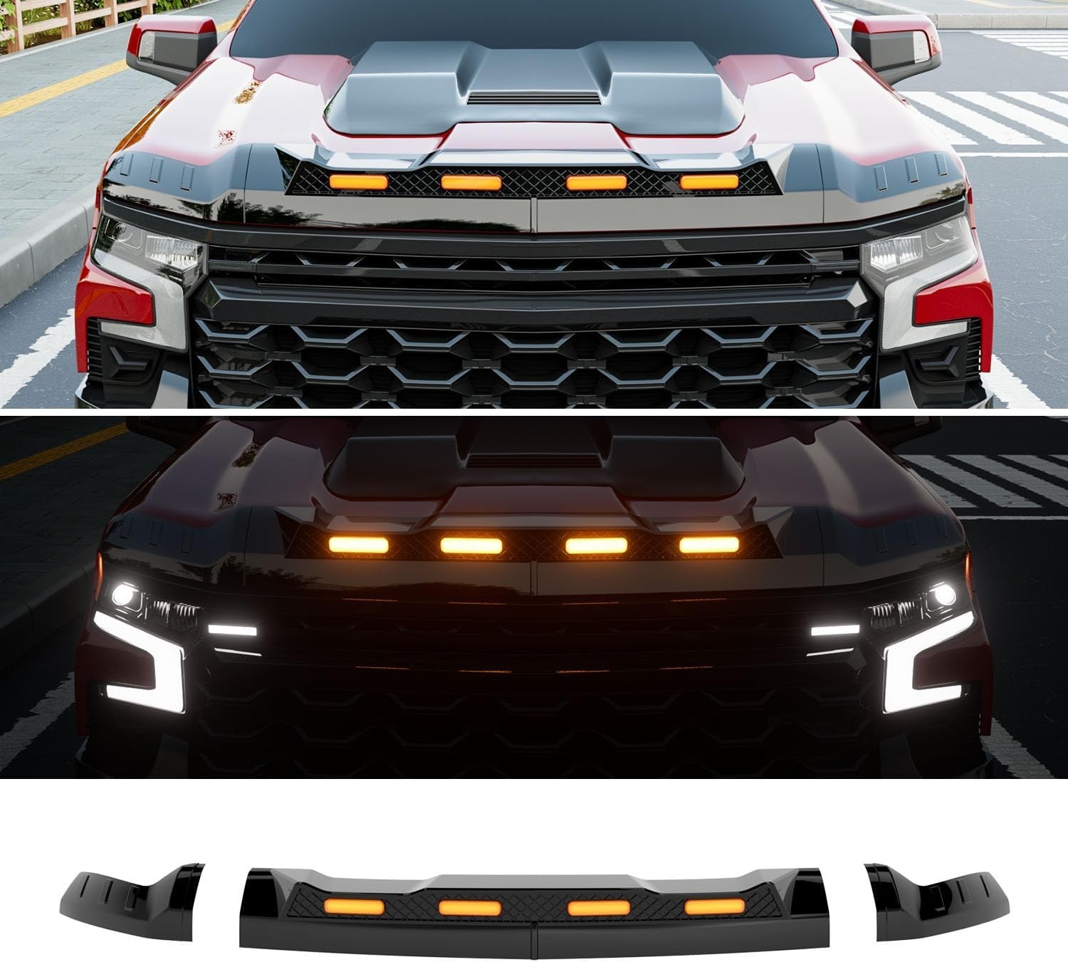 For 2019-2026 Chevy Silverado 1500 Hood Protector with LED Light Hood Deflector