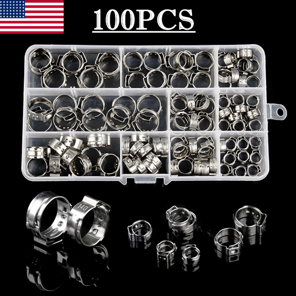 100pcs Hose Clamp Assorted Stainless Steel Ear Cinch Rings Crimp Pinch Set