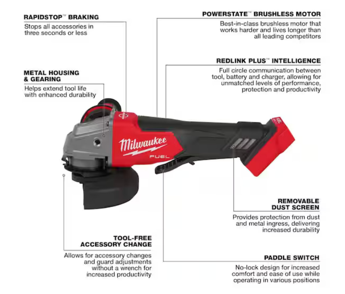 Milwaukee 2880-20 M18 FUEL 4-1/2" / 5" Grinder Paddle Switch, No-Lock