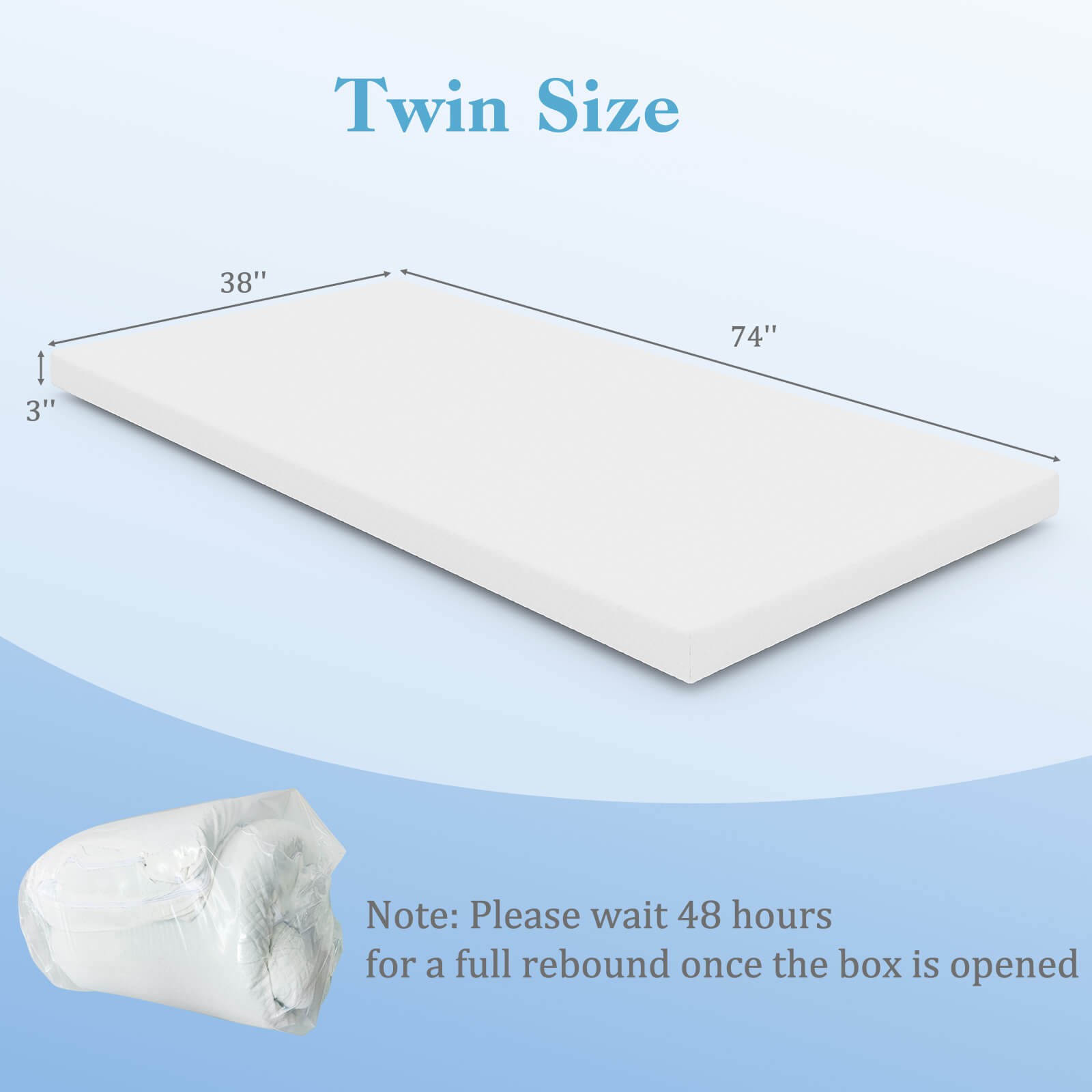 3“ Gel-Infused Memory Foam Mattress Topper w/ Removable & Washable Cover Twin