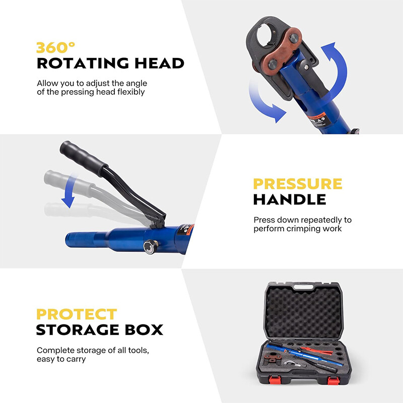 Copper Tube Fittings Hydraulic Pipe Crimping Tool with 1/2", 3/4" and 1" Die Set