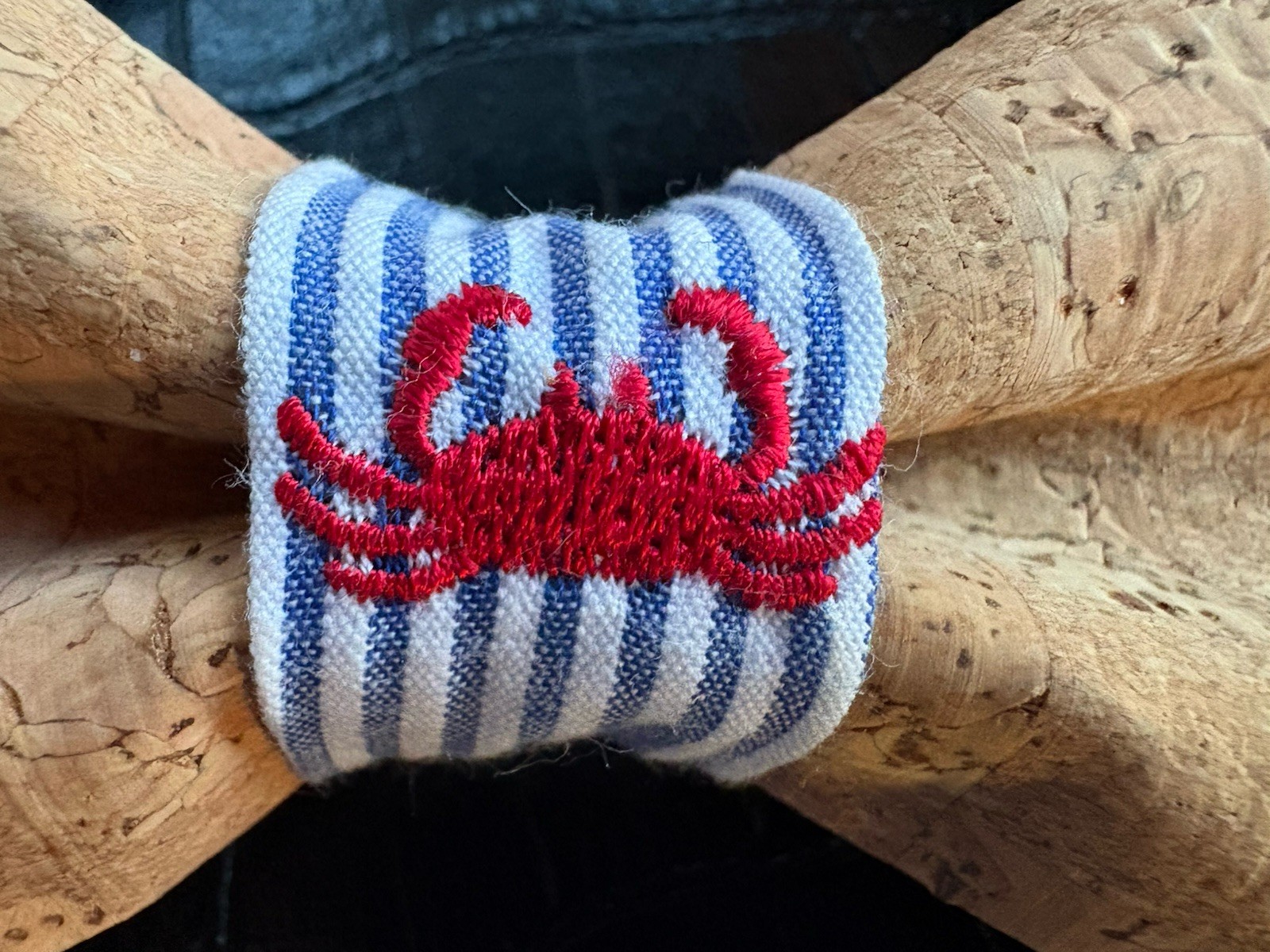 Genuine Cork Bow Tie Boys Embroidered Crab Nautical Seashore Blue White Stripe