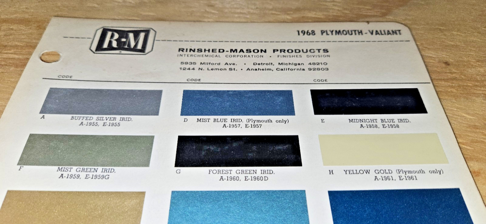 1968 PLYMOUTH Paint chips RM VALIANT BARRACUDA BELVEDERE FURY GTX SATELLITE chip